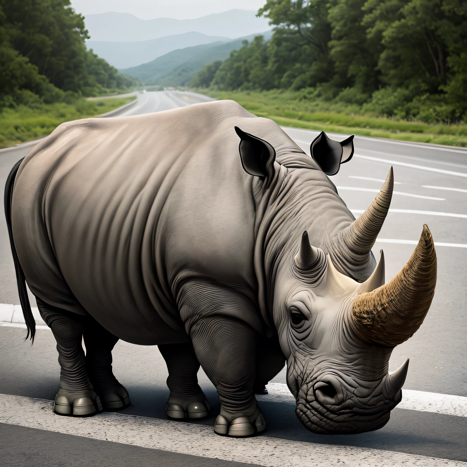 A rhinoceros standing on the side of the road,Mechanical wind,Two corners --auto
