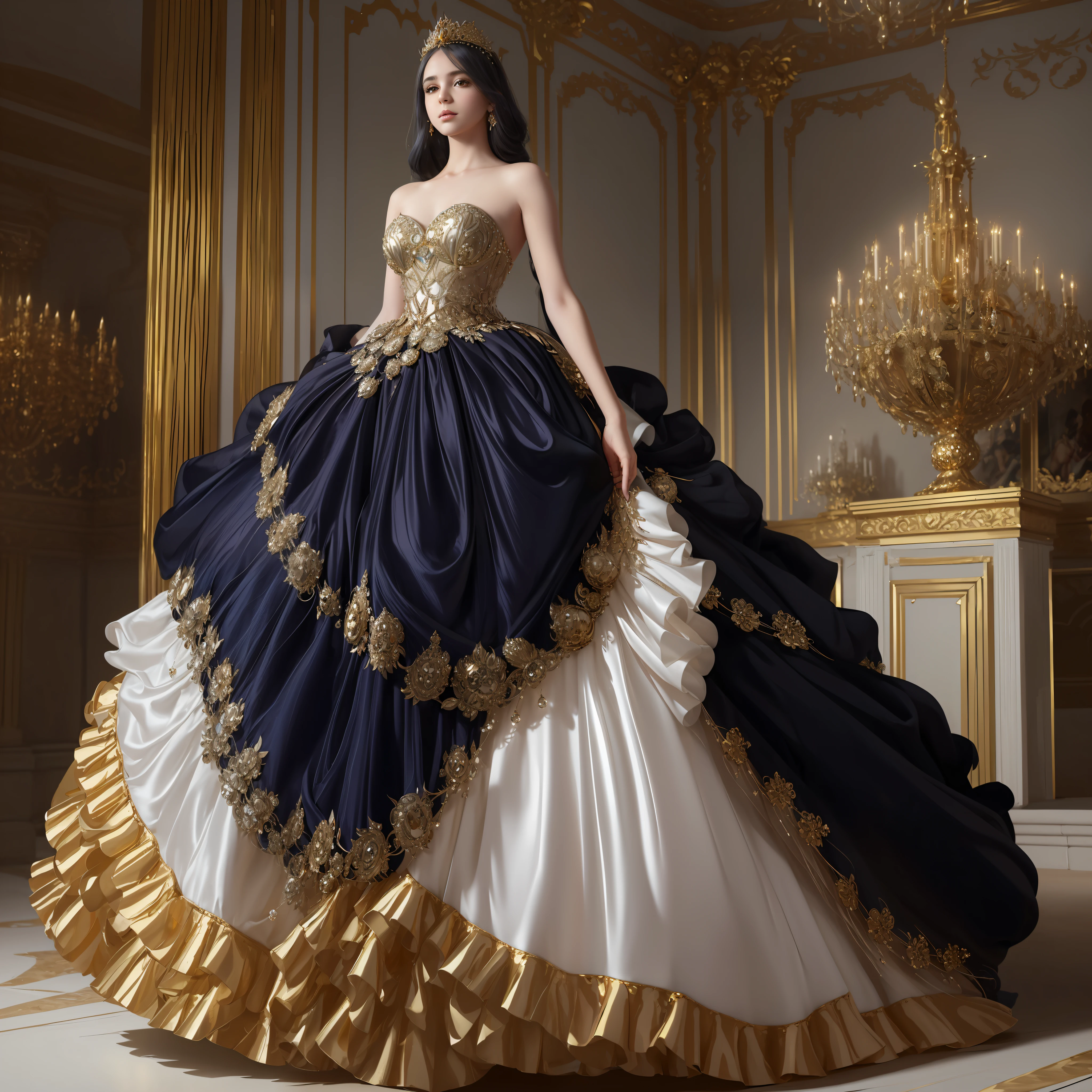 a hyper realistic photograph of a girl standing wearing a majestic light beige and gold ball gown dress, big beautiful dress, intricate y ball gown with lots of ruffles and rhinestones (Best quality, masterpiece, ArtStation, Fantasy Art:1.2), a palace room, a beautiful cute girl, (long white hair:1.1), (intricate short gold skirt, bare legs:1.2, full body shot)