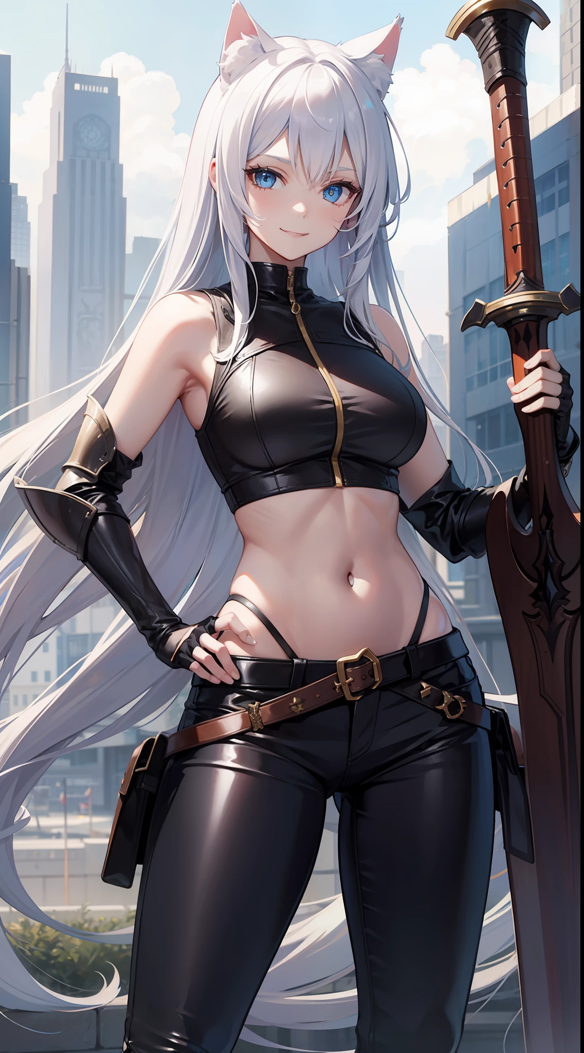 Tall girl, Long white hair, cat ears, blue eyes, leather armour, Sleeveless, open belly, pants, smirk, a sword, Masterpiece, hiquality