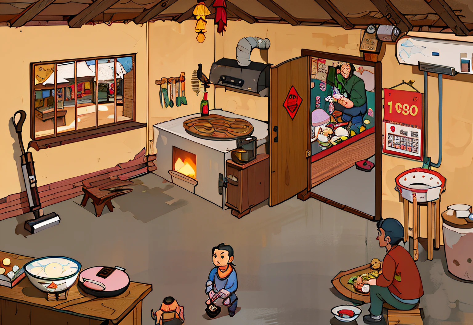 Caricature of a man and a  in kitchen with stove, point-and-click adventure game, a multidimensional cozy tavern, gta chinatowon art style, inside a gang hideout, Game illustration, inspired by Lin Tinggui, Chinese village, game screenshot, inspired by Chen Daofu, mapo tofu cartoon, immensely detailed scene