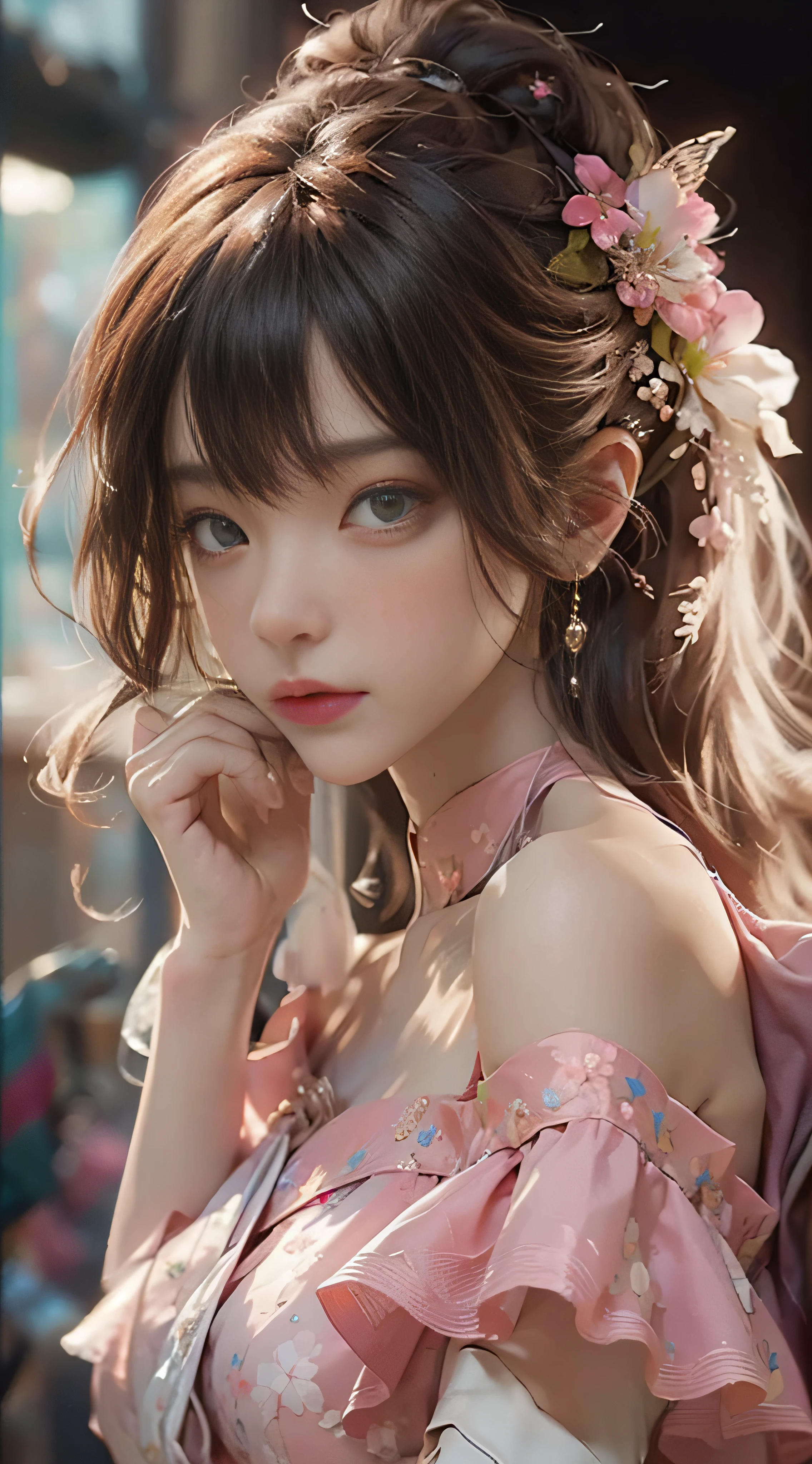 ((best qualtiy)), ((tmasterpiece)), (Detail:1.4), 3D, Beautiful cyberpunk female images,hdr(HighDynamicRange),Ray traching,NVIDIA RTX,Hyper-Resolution,illusory 5,sub surface scattering,PBR textures,post-proces,Anisotropy Filtering,depth of fields,maximum definition and sharpness,Many-Layer Textures,Albedo e mapas Speculares,Surface Coloring,Mitsu-Accurate simulation of material interactions,perfectly proportioned,rendering by octane,Two-colored light,largeaperture,Low ISO,White balance,Rule three points、8K raw data、beautiful bright pupils,off-the-shoulder clothes,Fine pupils,Delicate face and eyes,long eyelasher,Blushlush,Delicate and fluffy hair,pink lip,Pure,cute big breasts,Sweet girl,Artistic sense,Casual wear,Advancedsense,butterflys,Cherry blossom petal,Beautiful hair accessories,Hair fluttering in the wind