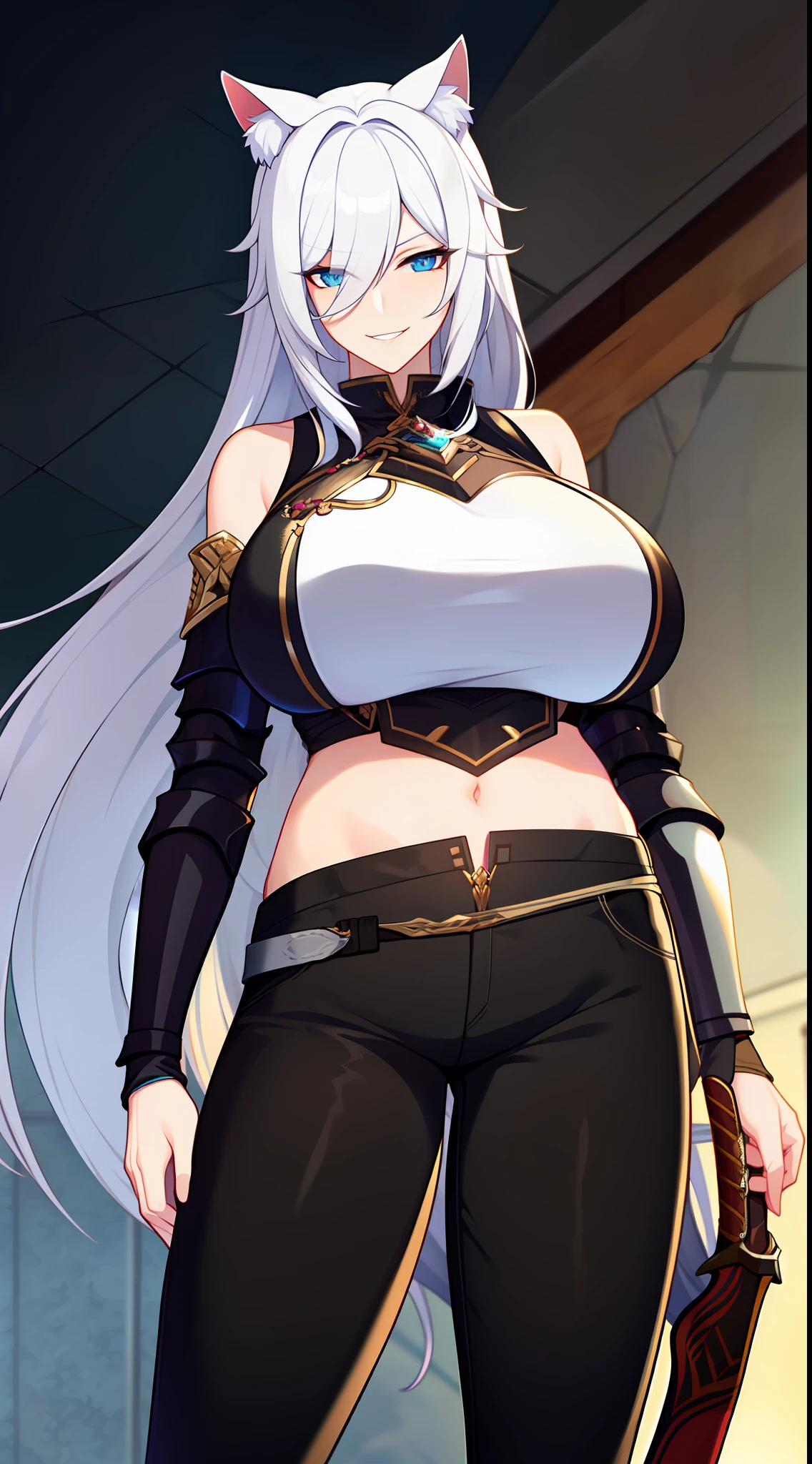 Tall girl, Long white hair, cat ears, blue eyes, leather armour, Sleeveless, open belly, pants, smirk, a sword, brawn, Masterpiece, hiquality