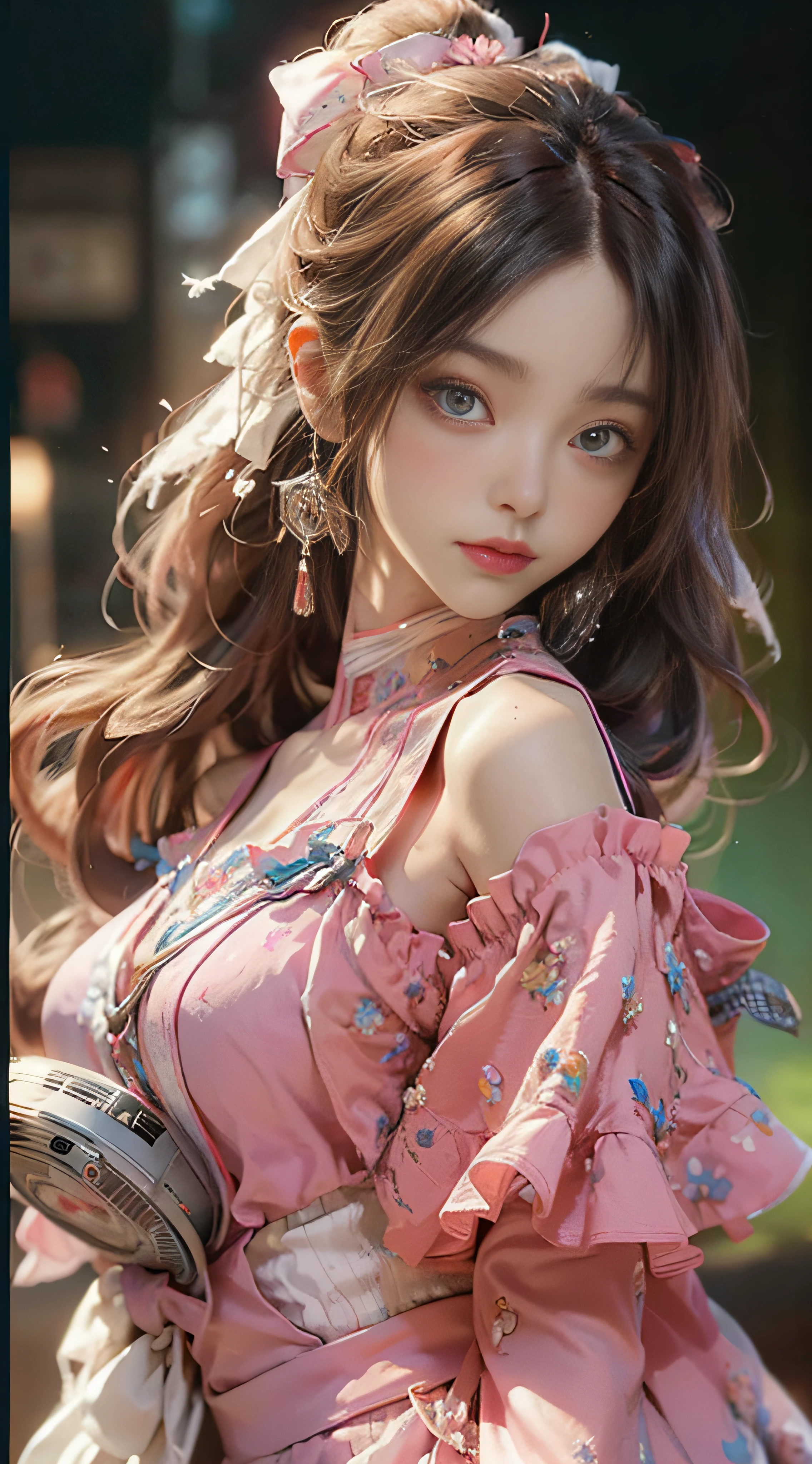 （（best qualtiy））， （（tmasterpiece））， （Detail：1.4）， 3D， Beautiful cyberpunk female images，hdr（HighDynamicRange），Ray traching，NVIDIA RTX，Hyper-Resolution，illusory 5，sub surface scattering，PBR textures，post-proces，Anisotropy Filtering，depth of fields，maximum definition and sharpness，Many-Layer Textures，Albedo e mapas Speculares，Surface Coloring，Mitsu-Accurate simulation of material interactions，perfectly proportioned，rendering by octane，Two-colored light，largeaperture，Low ISO，White balance，Rule three points、8K raw data、beautiful bright pupils，off-the-shoulder clothes，Fine pupils，Delicate face and eyes，long eyelasher，Blushlush，Delicate and fluffy hair，pink lip，Pure，cute big breasts，Sweet girl，Artistic sense，Casual wear，Advancedsense，butterflys，Cherry blossom petal，Beautiful hair accessories，Hair fluttering in the wind