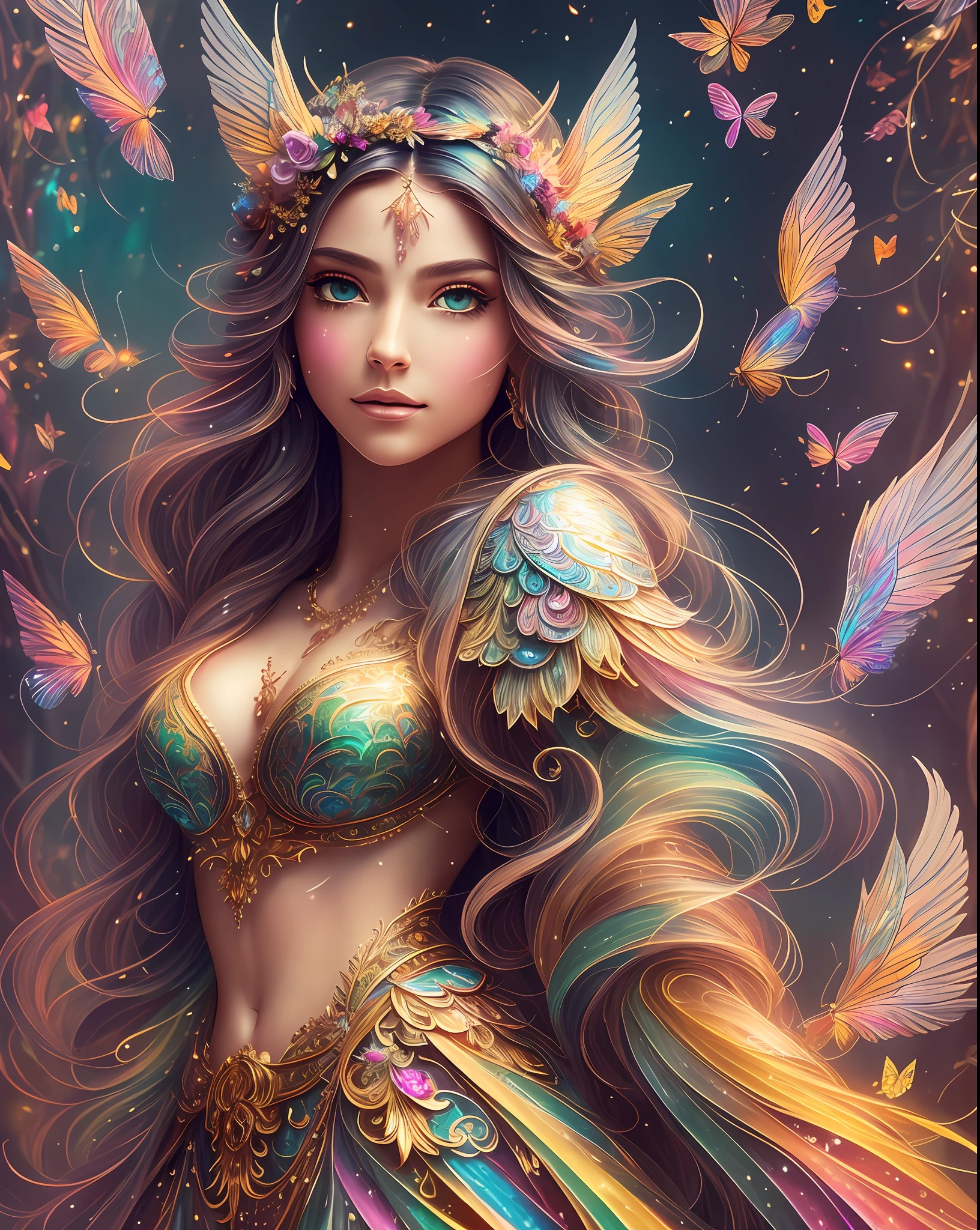 (((masterpiece))), (((best quality))), ((ultra-detailed)),(highly detailed CG illustration), ((an extremely delicate and beautiful)),cinematic light, Create a stunning fantasy artwork that mimics the style of currently trending masters of the genre. The art piece should contain elements of both mythic fantasy and fairytale fantasy with colorful accents. The character in the artwork is a delicate but strong figure with an aura of mystery and magic. The character should be petite with subtle breasts. Pay close attention to intricate facial features, such as mesmerizing eyes with vibrant colors and delicate shading. The character's clothing should be designed with gossamer feathers, silk, stunning embroidery, and subtle iridescent details. Incorporate vibrant colors, dynamic lighting, and detailed background elements to create a sense of awe and immersion. Include colorful flying magical birds and jewel-toned butterflies radiating a magical aura. Consider the latest trends in fantasy art, such as incorporating unique lighting effects, exploring dynamic and compelling composition techniques, and experimenting with unique color palettes. Take inspiration from the top artists on ArtStation and Midjourney. Camera: Choose an angle that highlights the character's beauty and enhances the magical majesty of the artwork. Lighting: Utilize atmospheric lighting techniques to create depth and mood. Resolution: Aim for a high-resolution artwork to showcase intricate details and clarity. Art Inspirations: Seek inspiration from the trending artists on ArtStation, exploring different styles, genres, and themes.