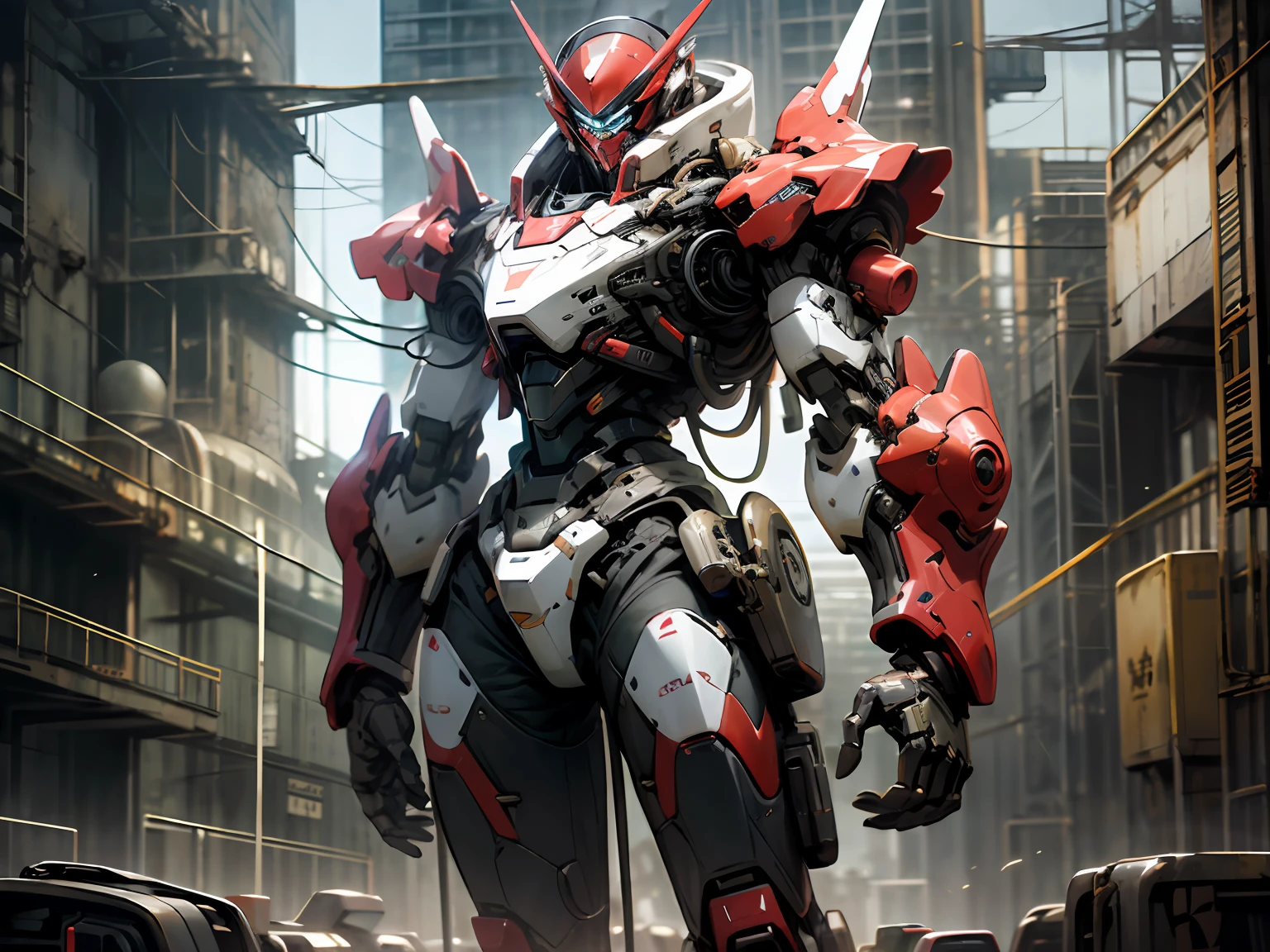 Arapei robot standing on a city street，There are a lot of cars, Mecha suit, cool mecha style, anime large mecha robot, Full body mecha, mecha anime, full body red mech, painterly humanoid mecha, Alexander Ferra Mecha, modern mecha anime, Red mech, japanese mecha, full body mecha suit