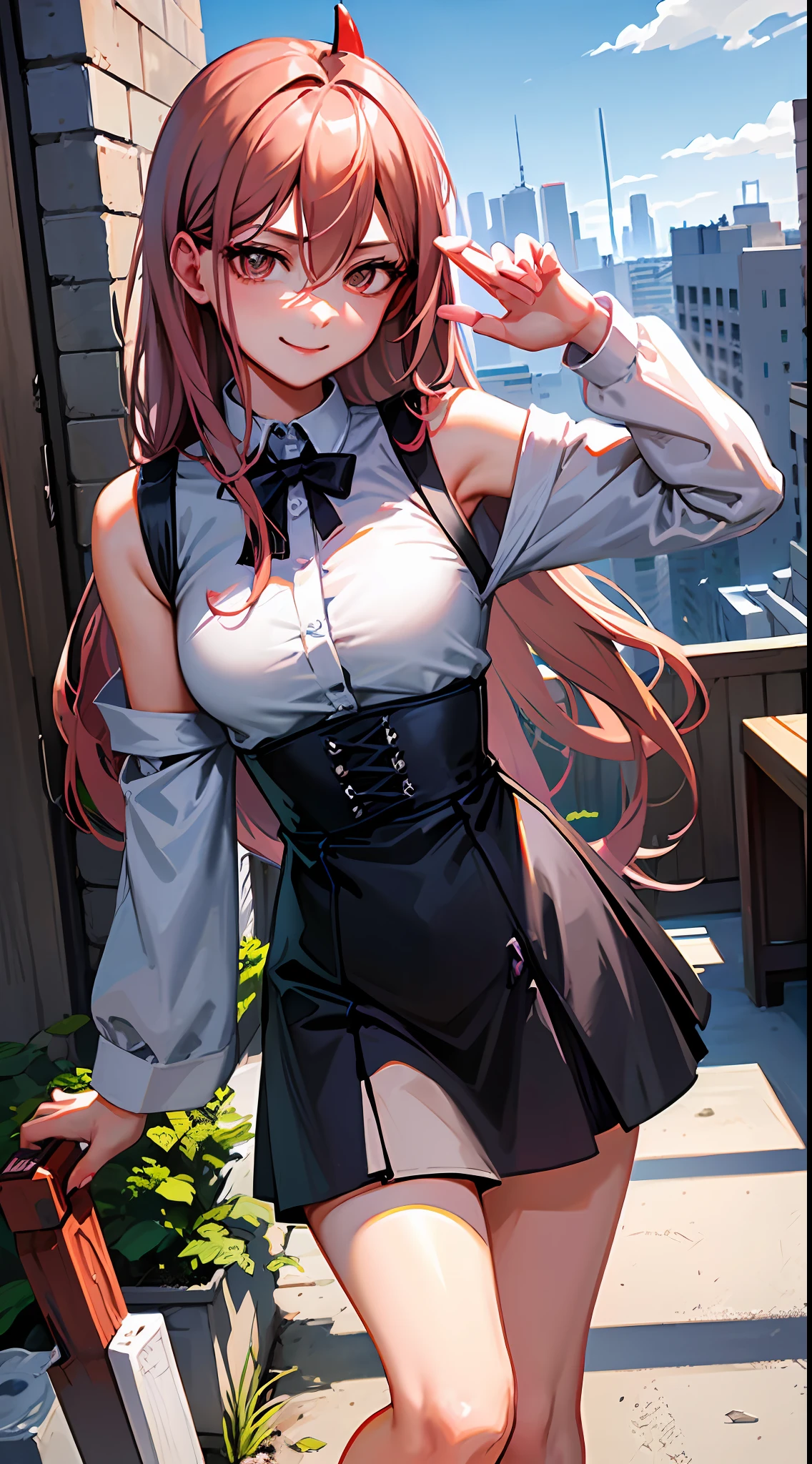 Masterpiece, Highly detailed, Best quality, 超高分辨率, 1girll,  Horns, Long hair, view the viewer, Medium breasts,  Outdoor, power (Chainsaw man), No shoulder strap, Smile, bent over,  day, Off-the-shoulder, random shirt, Cowboy shot,  partly_Unbuttoned,