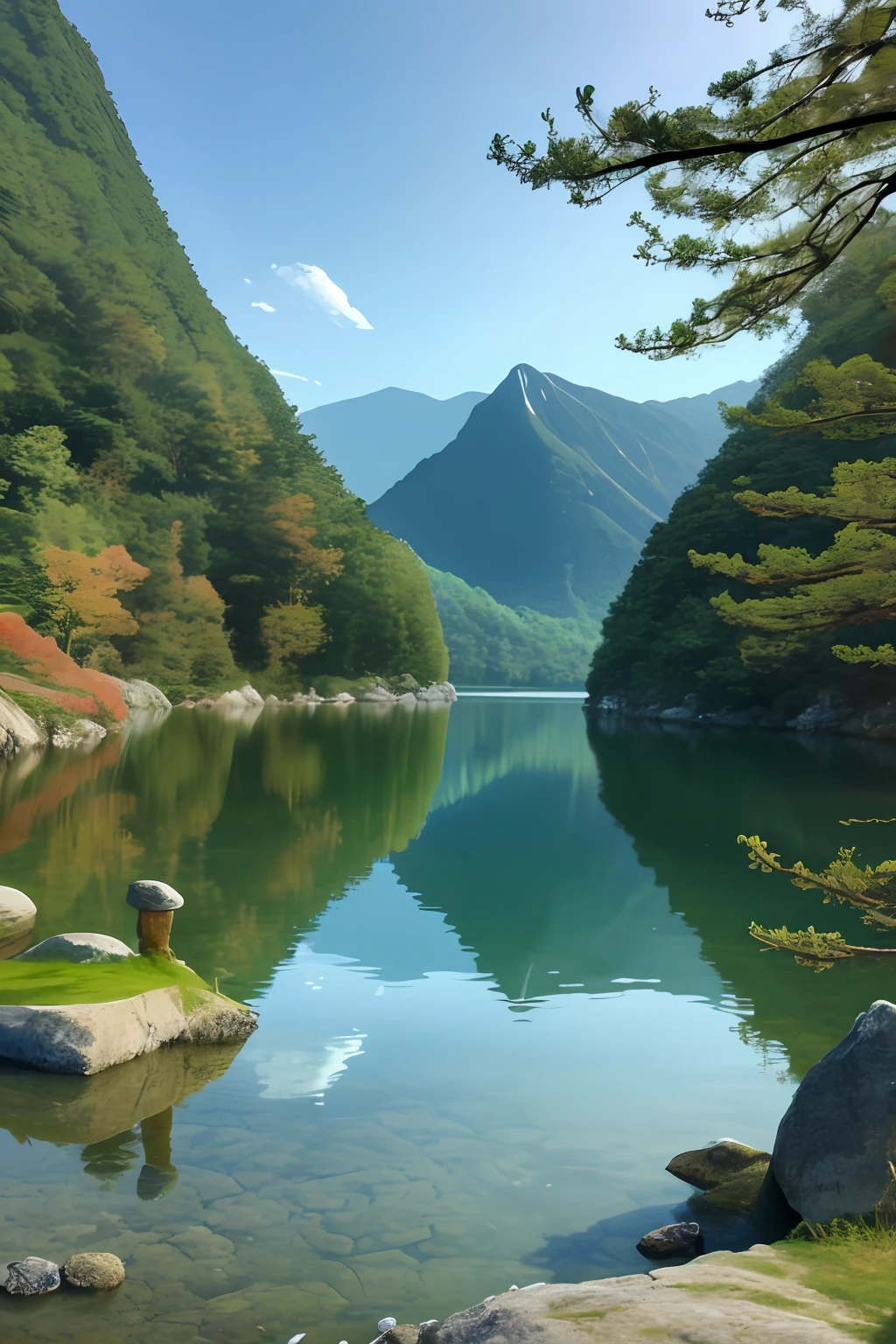 Lake landscape with rocks and trees in the foreground, a lake between mountains, japan mountains, mountains river trees, Majestic nature, lakeside mountains, Beautiful lake, japan nature, peaceful landscape, beautiful serene landscape, stunning nature in background, peaceful and serene, peaceful scenery, beautiful lake background, very beautiful scenery, nature scenes, Nature wallpaper，At the top of the mountain, a white cruise ship rushed into the sky