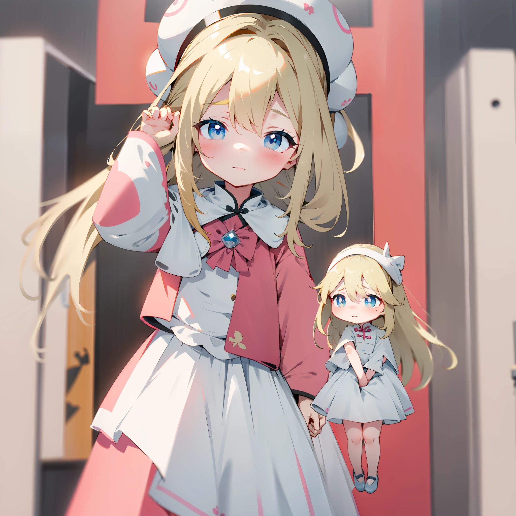 8K，blond girl，Stupid cute，china doll face，Wear a pink bow on her head，Light blue pupils，whiteskirt，Need，tmasterpiece，White filament，Long hair，the whole