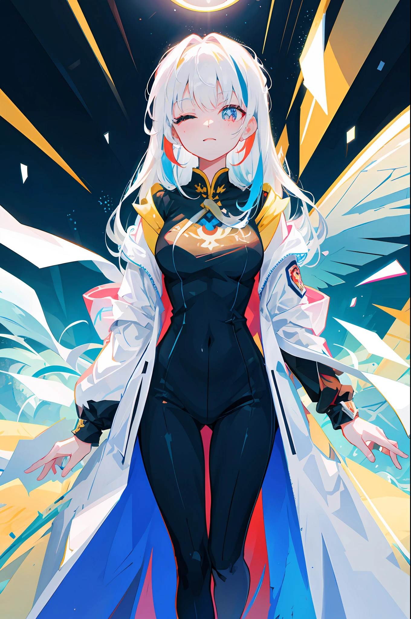 (extremely_Detailed_CG_Unity_8K_the wallpaper),Masterpiece,Absurdly long hair,2girls,Sisters,ghost,hime-cut,White hair,multicolored hair,white gradient blue hair,Golden eyes,One eye closed,heart - shaped pupils,diamond-shaped pupils,multicolored eyes,mature_Female,Low_Wings,Large_Wings,Multiwing,China-style_Made_Costume