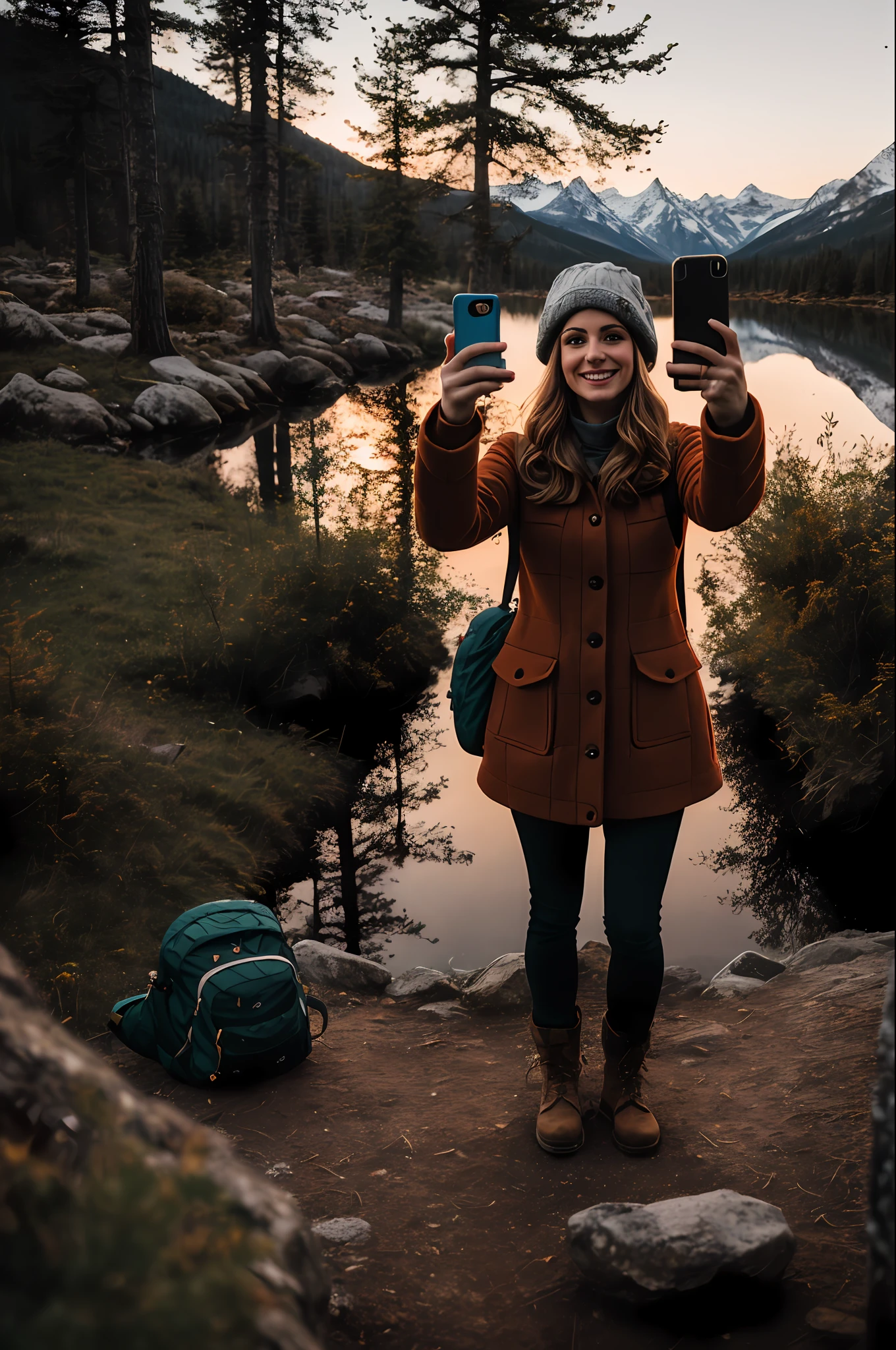 1 woman ((upper body selfie, happy)), masterpiece, best quality, ultra-detailed, ground, outdoor, (night), mountains, nature, (stars, moon) cheerful, happy, backpack, bag sleeping, camping stove, water bottle, mountain boots, gloves, sweater, hat, lantern, forest, stones, river, wood, smoke, shadows, contrast, clear sky, style, (warm hue, warm tone)