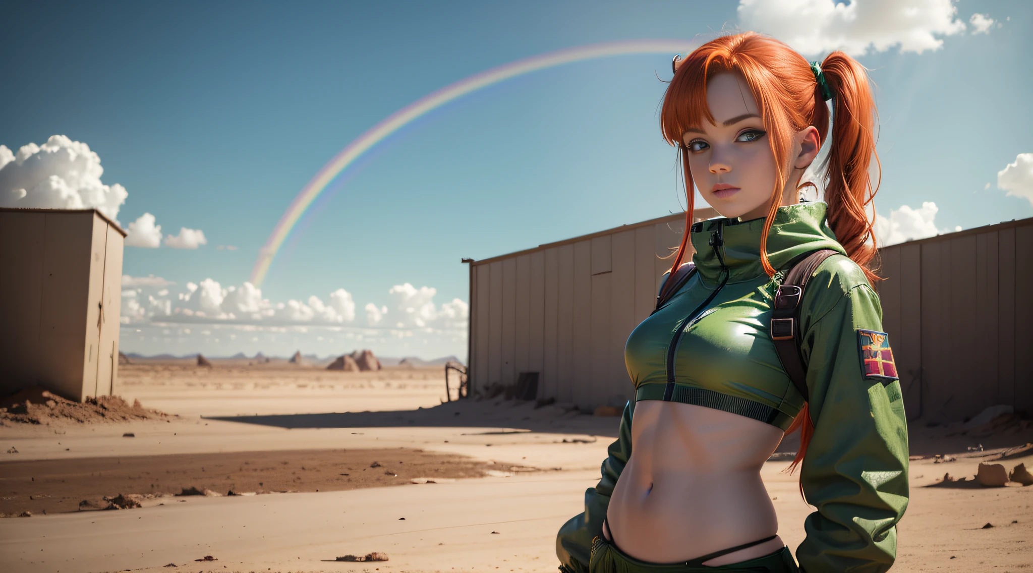 cute redhead woman in twin tails, multiple rainbow colored hair, sky-blue eyes, happy, Ukrainian, petite, pale skin, wearing a green metallic color bikini, post apocalyptic background, bleak barren desert, photo realistic woman. --auto