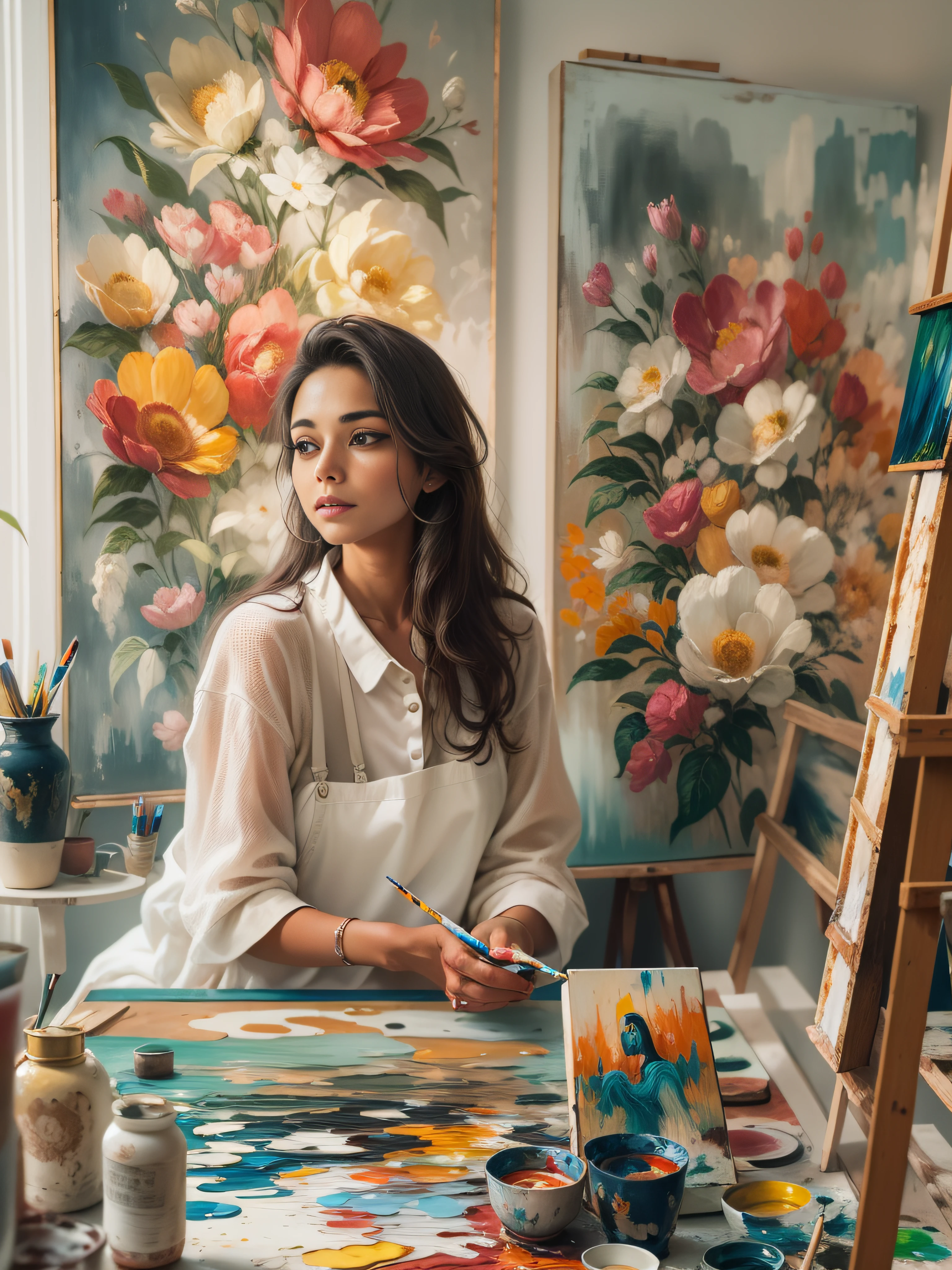 a woman is painting on a canvas in a room with paintings, painting art, paiting, painting art work, painitng, painting, painting, best painter in the world, artistic painting, painting on a canvas, painting come to life, professional artwork, art painting, trending artwork, master painting, exquisite painting, paining, in her art room