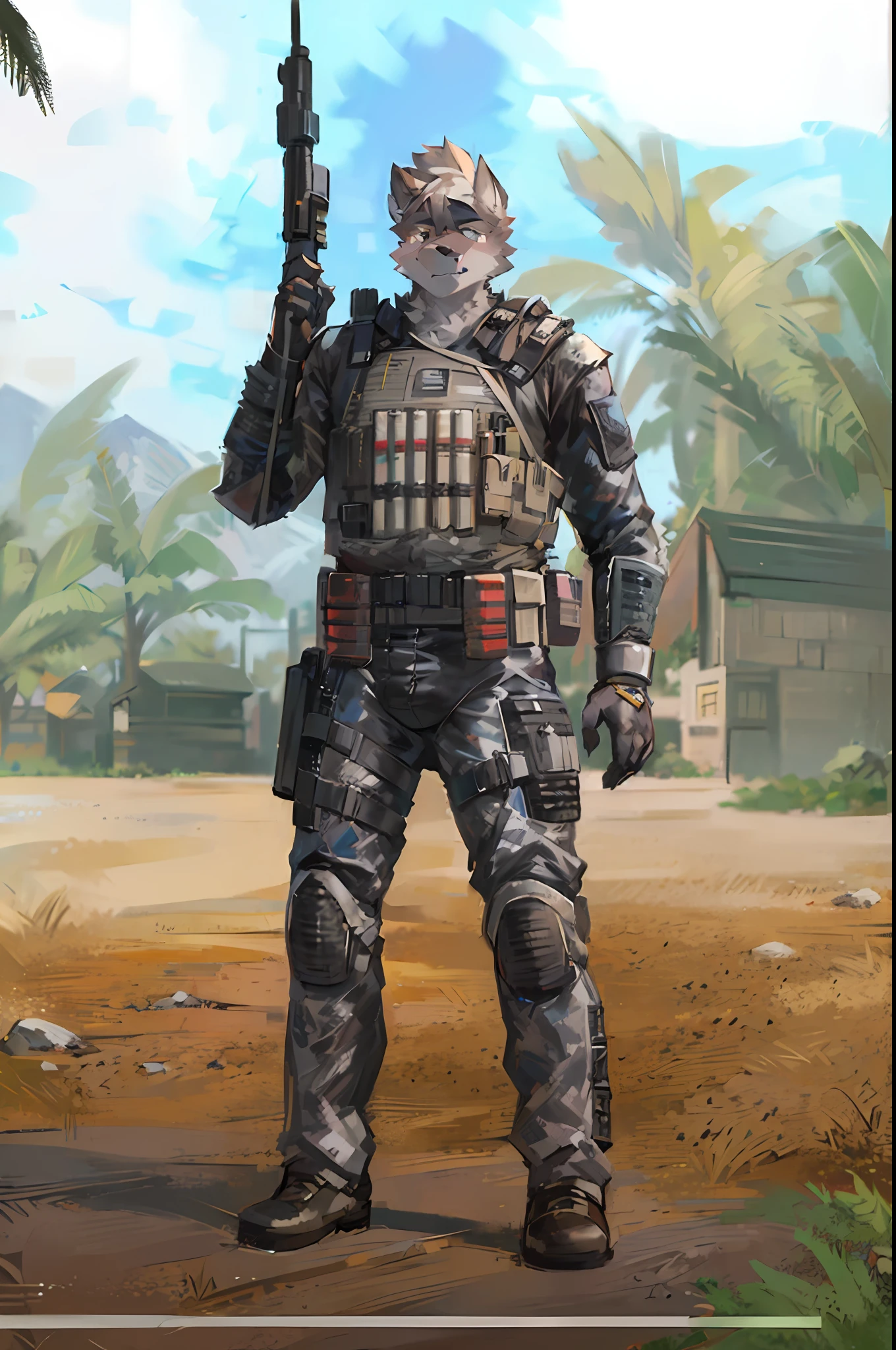 Gray fur，Male wolves，Character Focus Solo，hairy pubic，coda，Special forces uniforms，Body armor，Assault rifle in his right hand，Sharp gaze，Handsome，年轻，The cuffs are tucked into military boots，Medium build