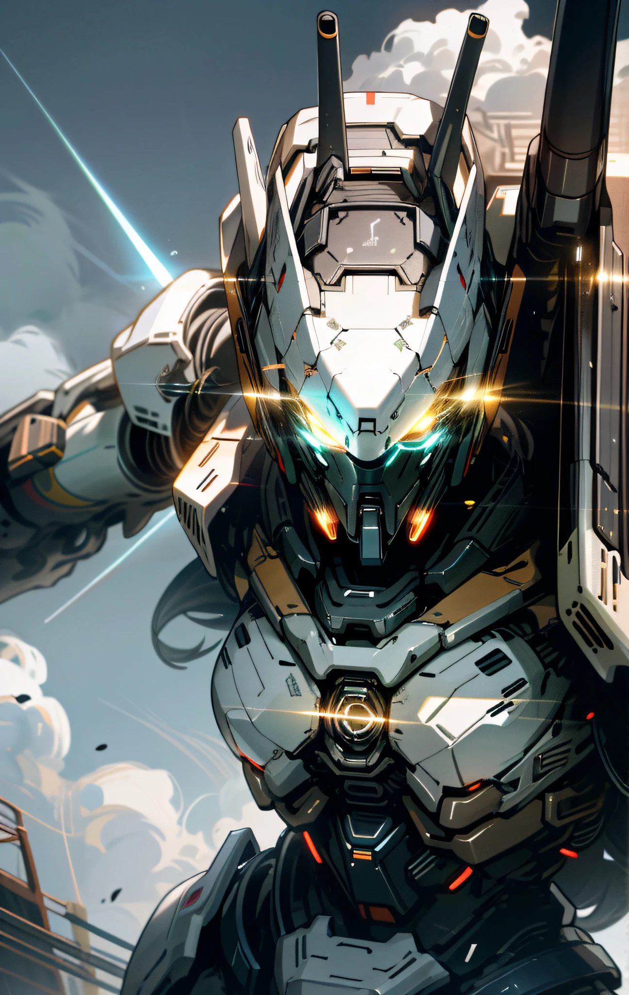 Skysky,clouds,holding_weapon,no_humans,with light glowing,,droid,buliding,glowing_eyes,mecha,scientific fiction,城市,Realistis,mecha,closeup cleavage