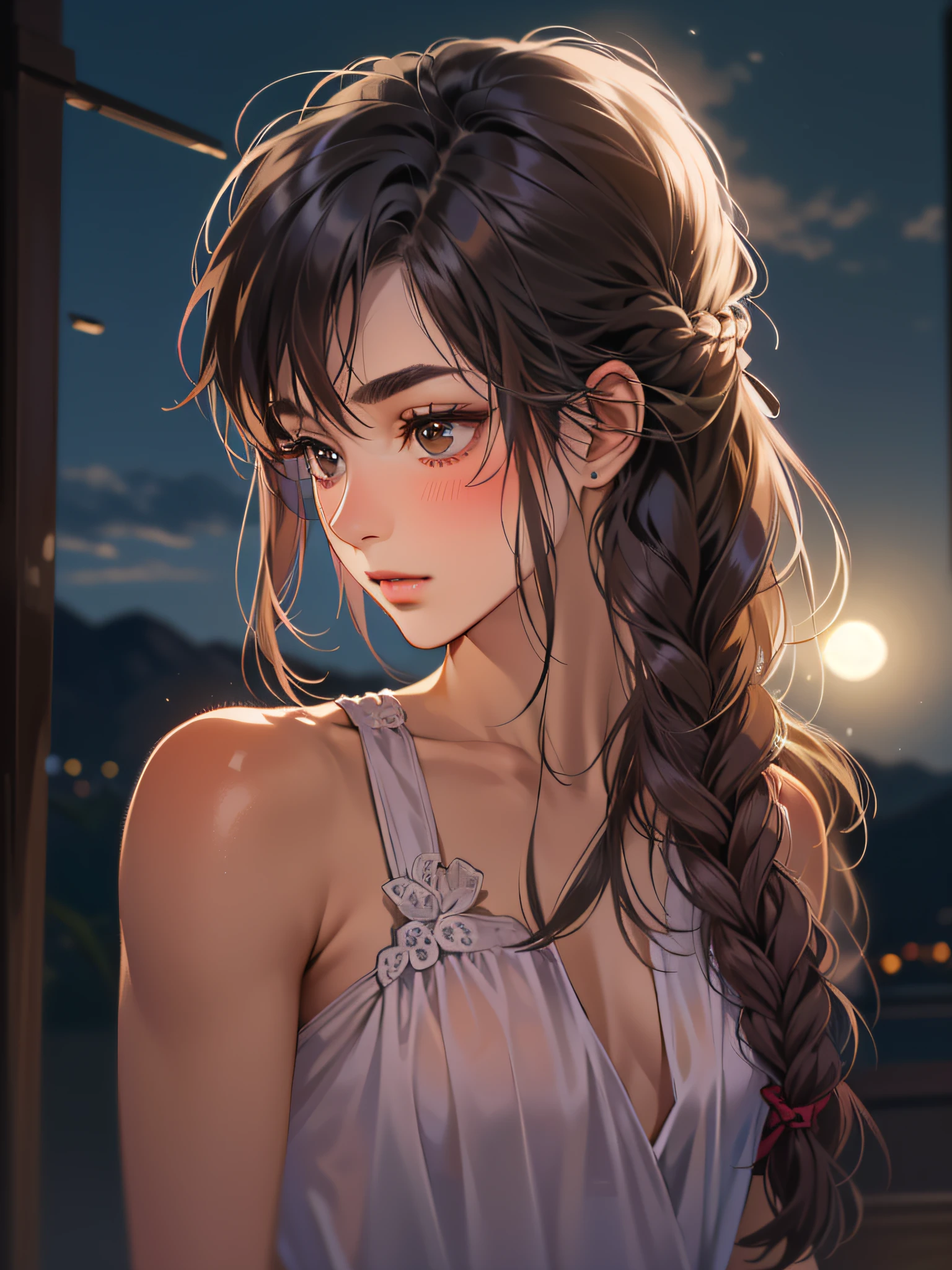 (​masterpiece:1.2),The best quality illustrations,high-detail,solo,Beautiful detailed girl,25yo,Japanese girl,((pulled back hair)),braid,forehead,(sidelocks),(medium hair),Brown eyes,(very small breasts:1.6),(muscular:1.2),(portrait),blushing,looking at the viewers,thick eyebrows,long eyelash, night, moonlight