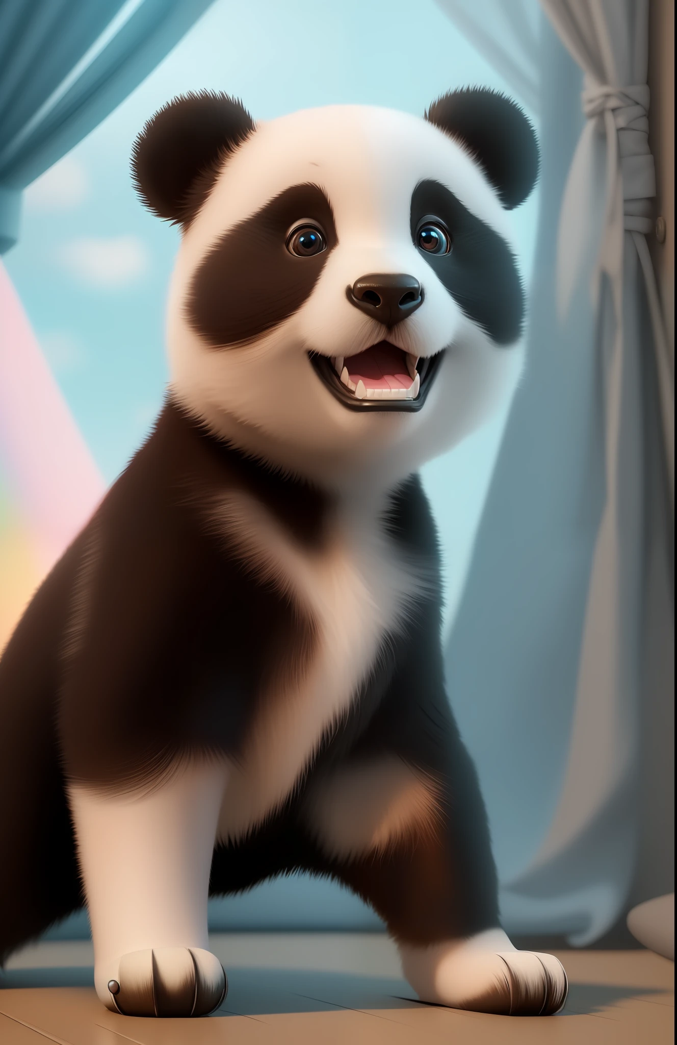 (masterpiece), (best quality), (ultra-detailed), (full body:1.2), Super cute, Baby, Pixar, Baby panda in pajamas, Big bright eyes, Fluffy, Smile, Delicate and fine, Fairy tales, Incredibly high detailed, Pixar style, Bright color palette, Natural light, Simple background with pure color, Octane render, Trending on Artstation, Gorgeous, Ultra wide angle, 8k, HD, Realistic