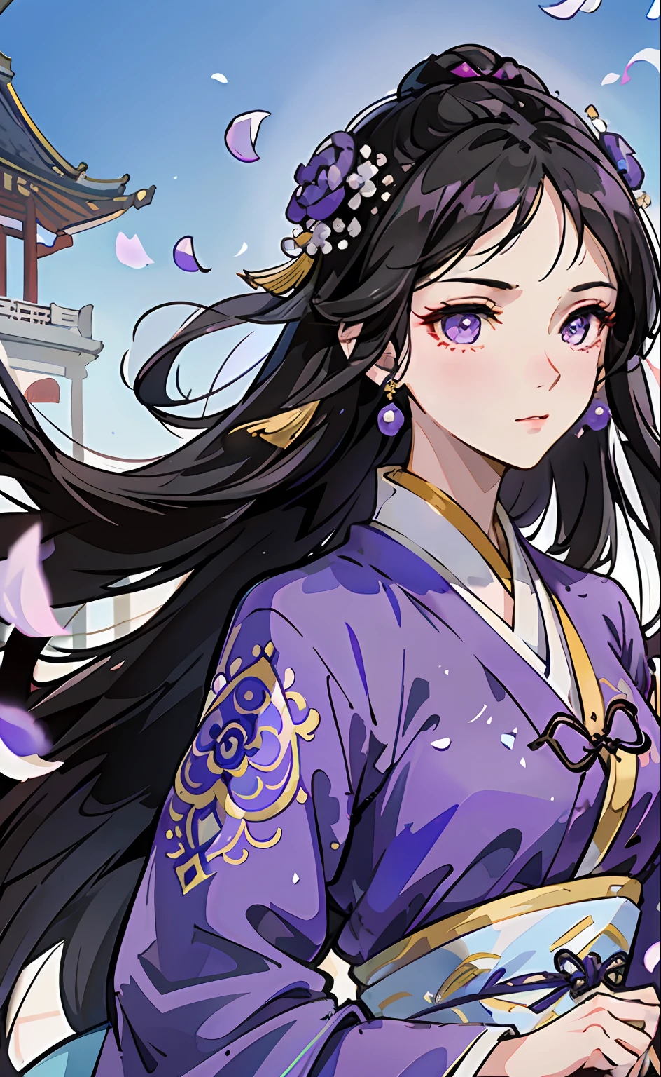 Gentle girl, purple eyes, black hair color, floating hair, delicate and flexible eyes, intricate damask hanfu, gorgeous accessories, wearing pearl earrings, FOV, f/1.8, masterpiece, ancient Chinese architecture, blue sky, flower petals flying, front portrait shot, Chang'e, side light, sunlight shining on people, 8K