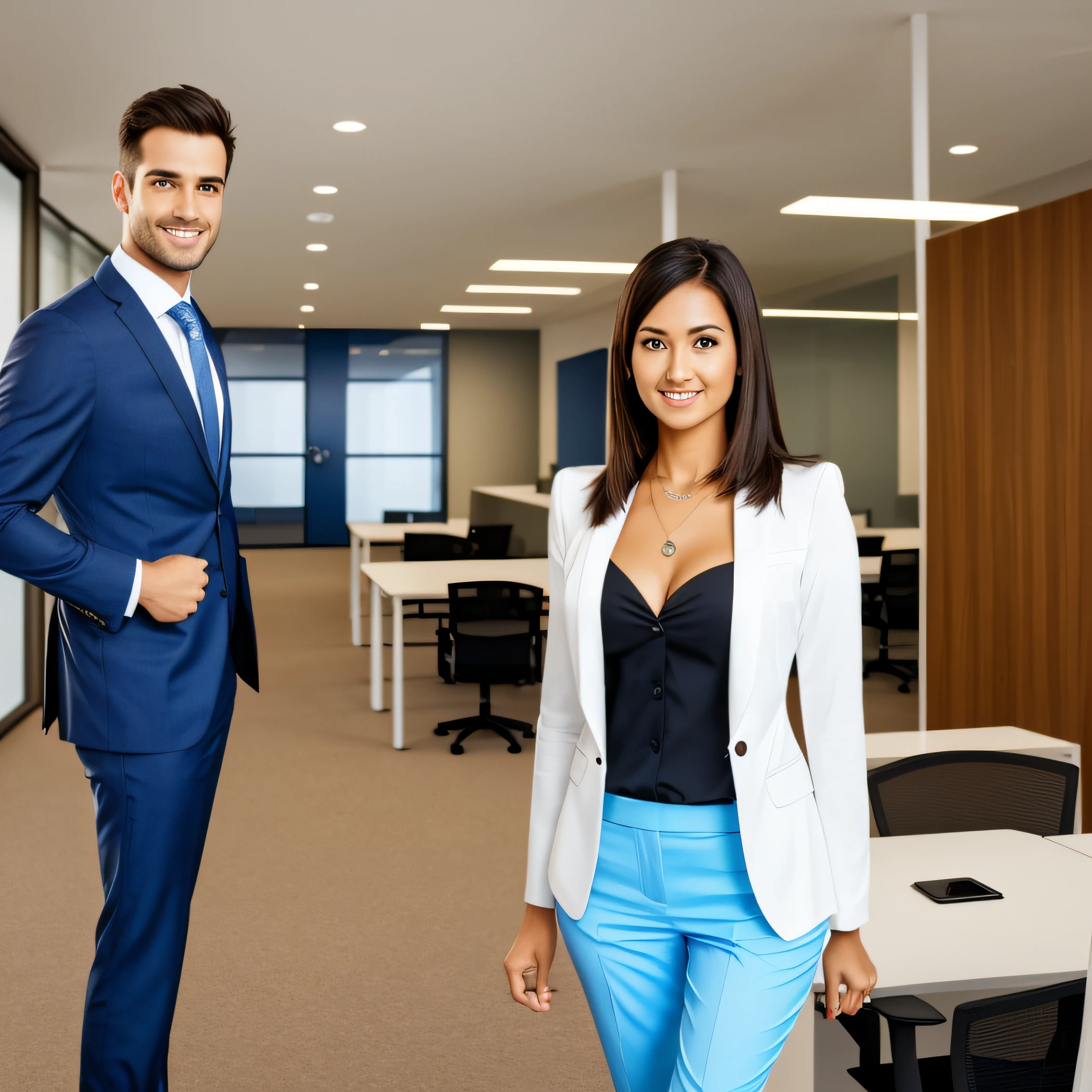 One woman bule Wearing a suit Standing facing us extremely beautiful lady office Finish as shown in the photo --auto