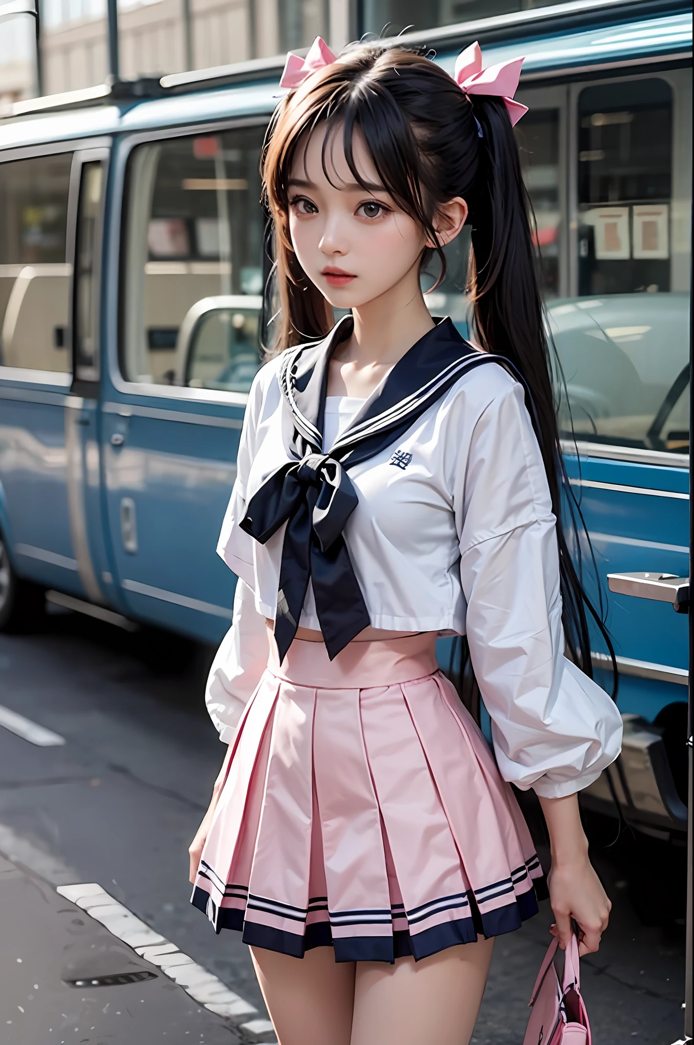 1girll,twintails,Colorful hair,Flying,White sailor suit and short skirt,pink bows,-yeld fee model,Side,
