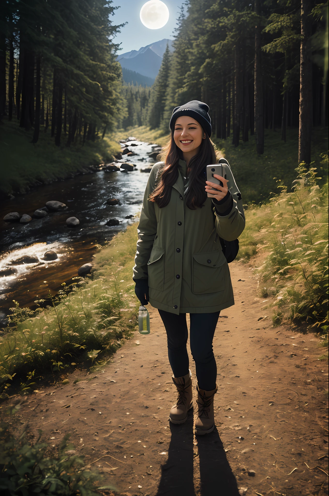 1 woman ((upper body selfie, happy)), masterpiece, best quality, ultra-detailed, ground, outdoor, (night), mountains, nature, (stars, moon) cheerful, happy, backpack, bag sleeping, camping stove, water bottle, mountain boots, gloves, sweater, hat, lantern, forest, stones, river, wood, smoke, shadows, contrast, clear sky, style, (warm hue, warm tone)