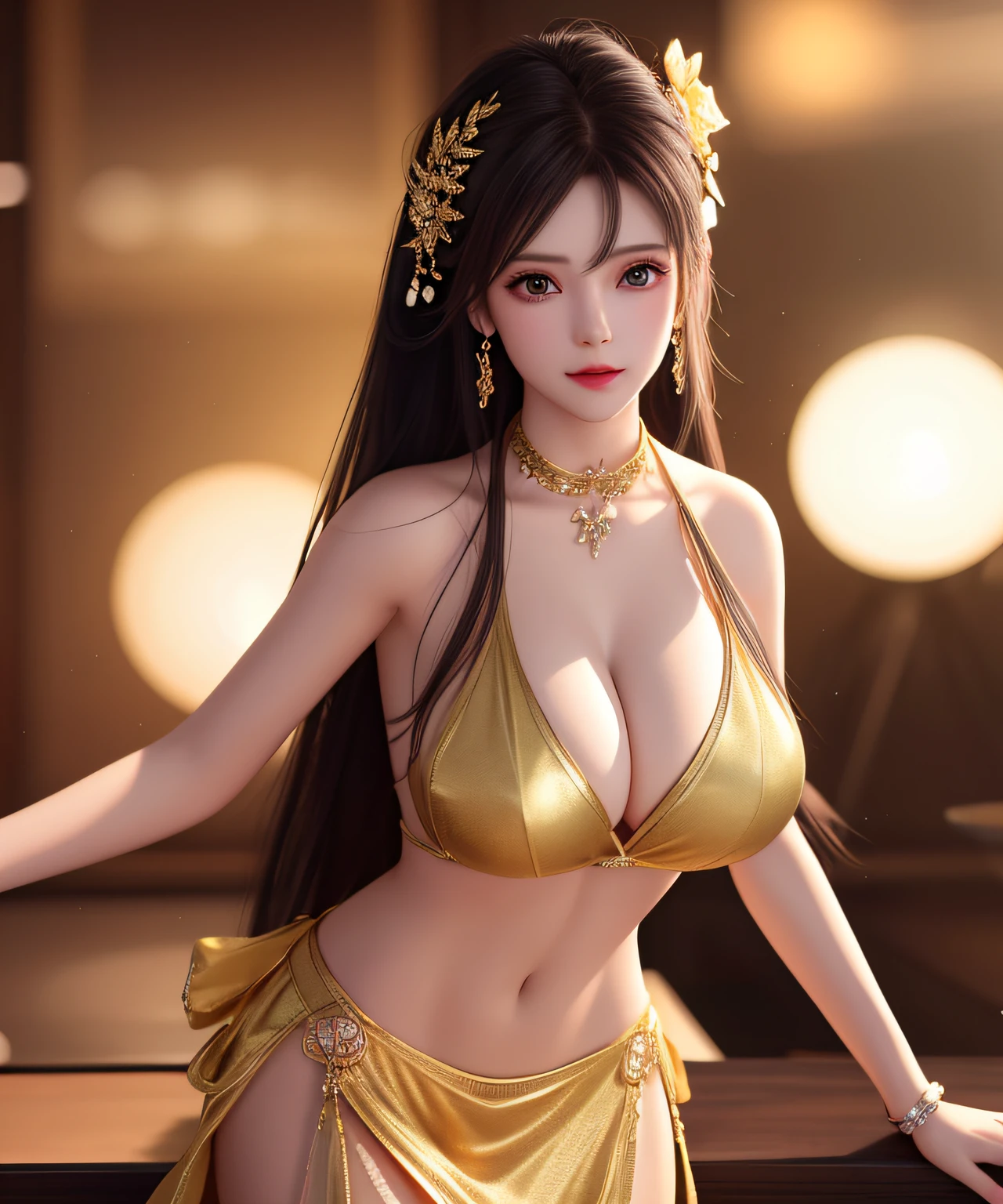 best qualtiy,tmasterpiece,A high resolution,1girl,Porcelain skirt,hair adornments,choker necklace,jewely,beautiful face,Physically,dingdall effect,realisticlying,dark studio,edge lit,twotonelighting,(highdetailskin:1.2),8k uhd, dslr, softlighting, high high quality, volumettic light, sneak shot, photore, A high resolution, 4k, 8k, Background bokeh,Show all bodies,Rope swimsuit,huge tit,Golden ratio figure