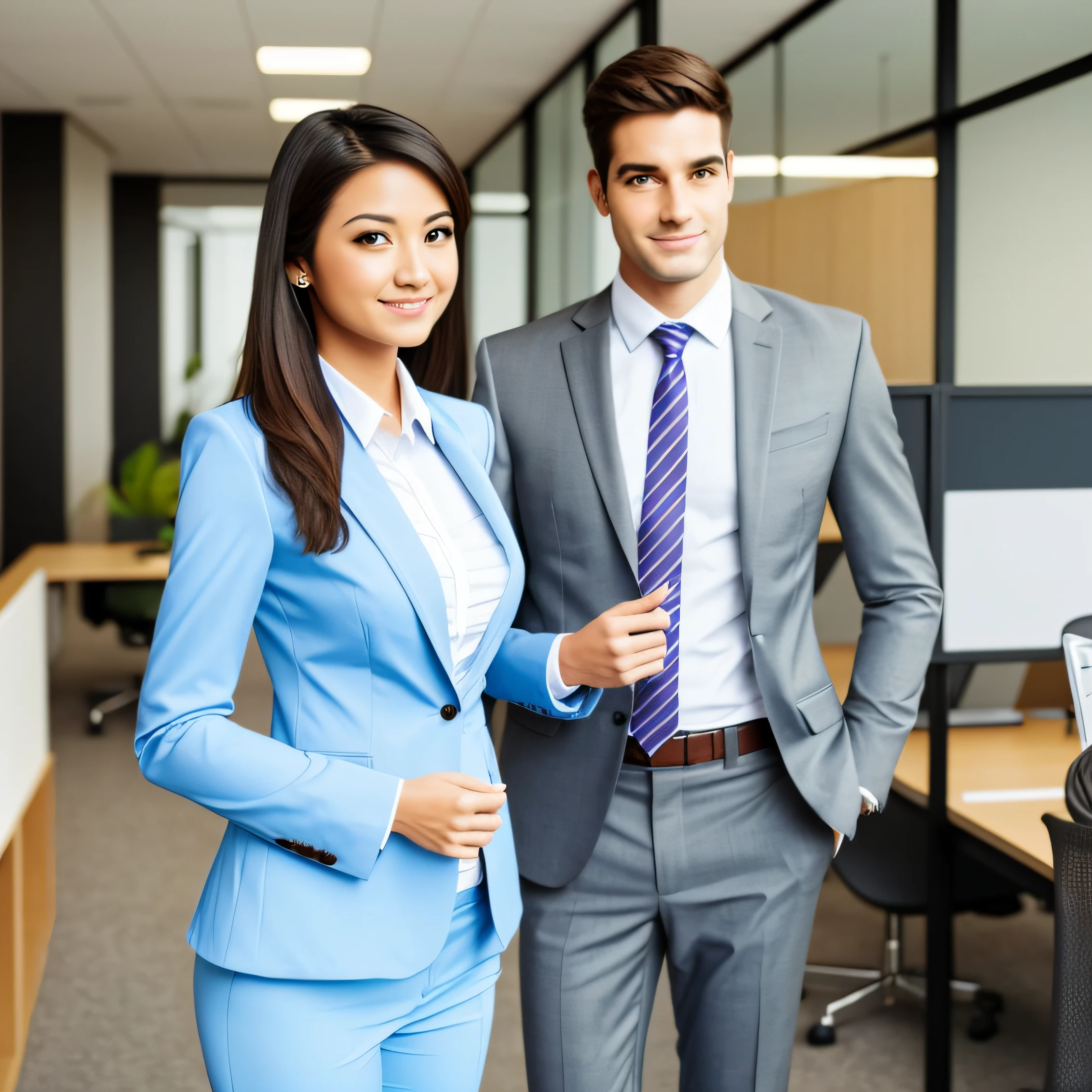 One woman bule Wearing a suit Standing facing us extremely beautiful lady office Finish as shown in the photo --auto