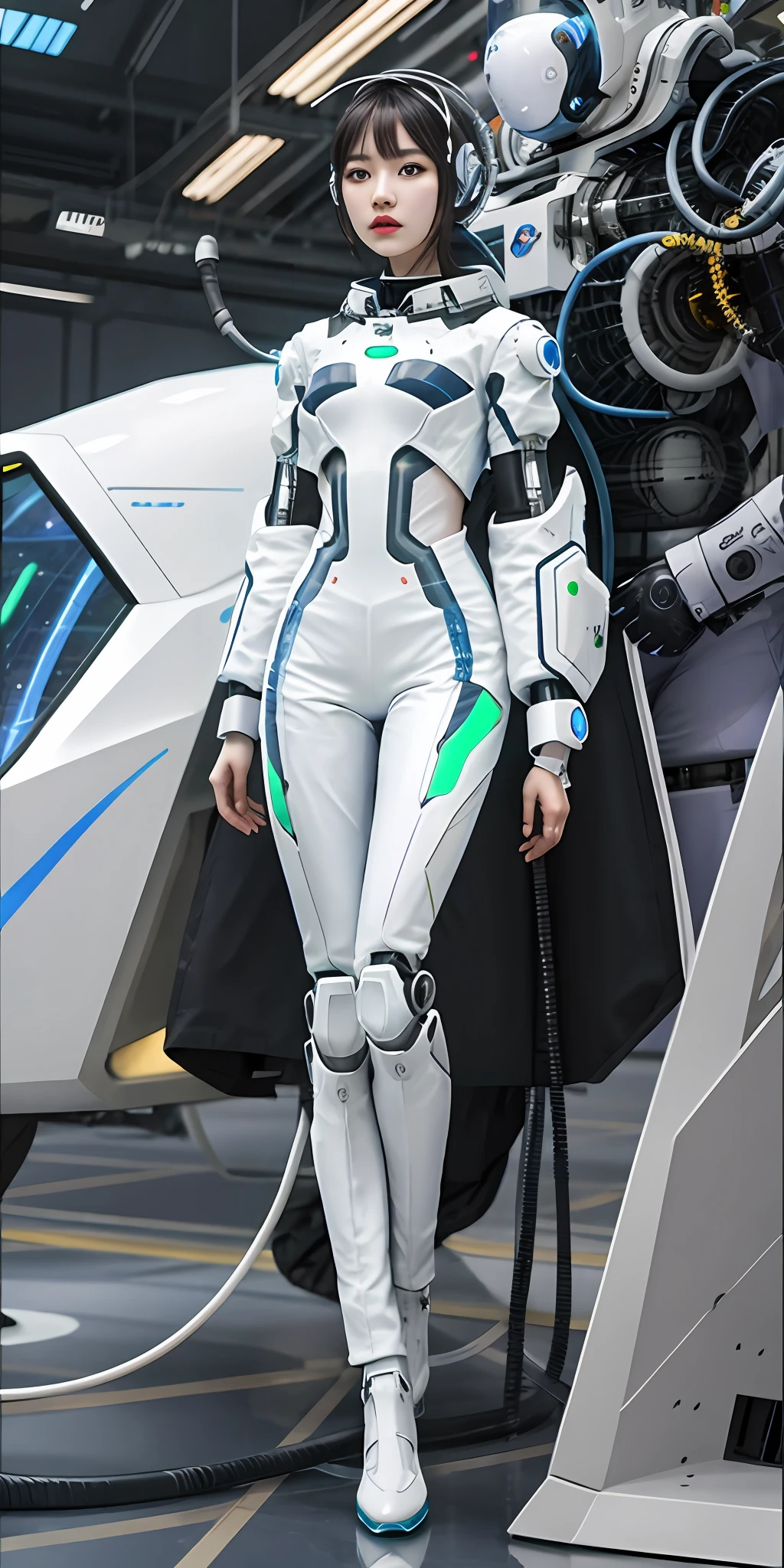 Arapefi, wearing white straitjacket, Stand in front of the clock, porcelain cyborg armor, cyborg tech on body and legs, science fiction suit, white cyborg fashion shot, Put on futuristic space gear, science fiction suit,, cyborg fashion model, biopunk futuristic wardrobe, cyborg fashion shot, beautiful woman in spacesuit, sci-fi mech，perfect bodies，Delicate facial features，