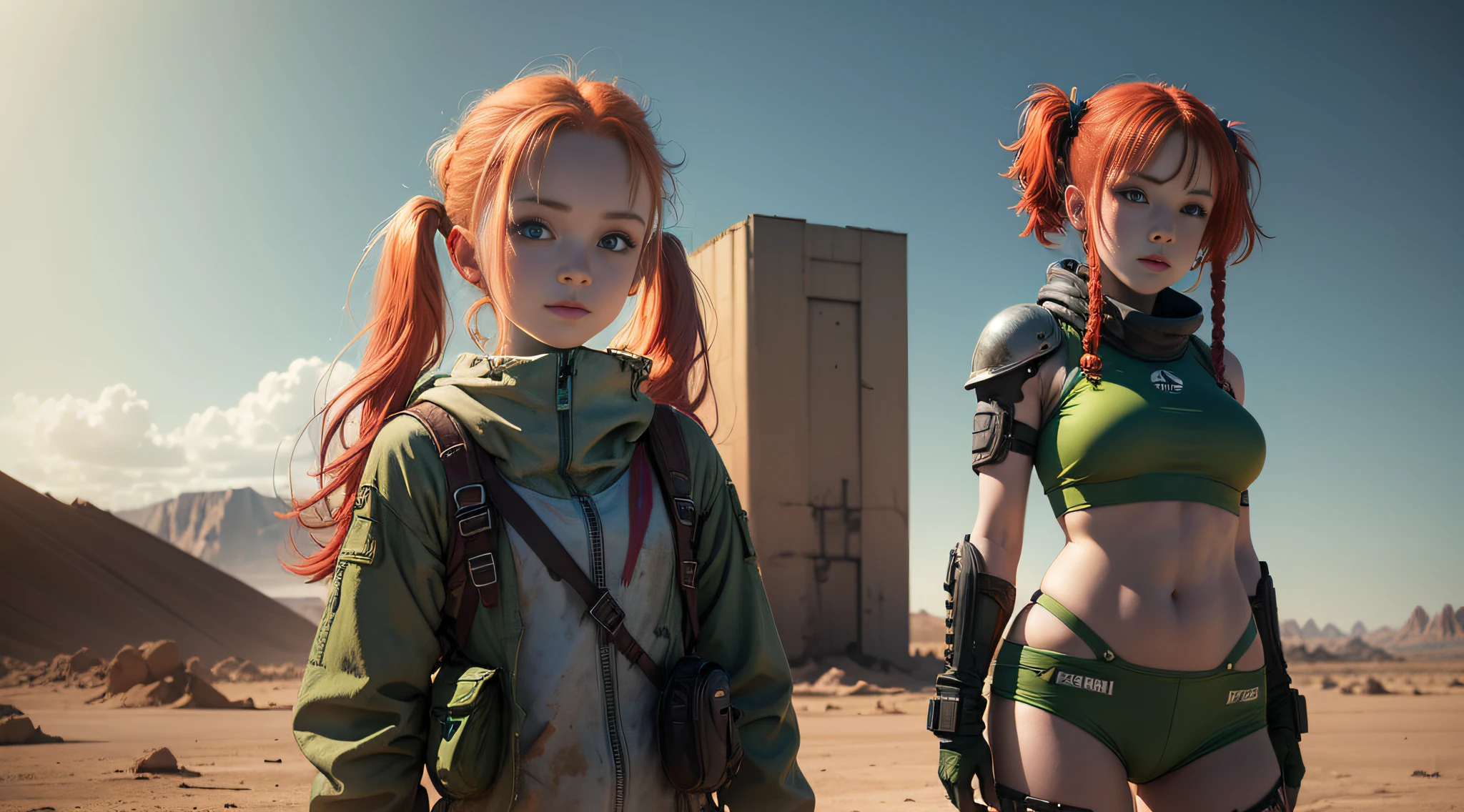 cute redhead woman in twin tails, multiple rainbow colored hair, sky-blue eyes, happy, Ukrainian, petite, pale skin, wearing a green metallic color bikini, post apocalyptic background, bleak barren desert, photo realistic woman. --auto