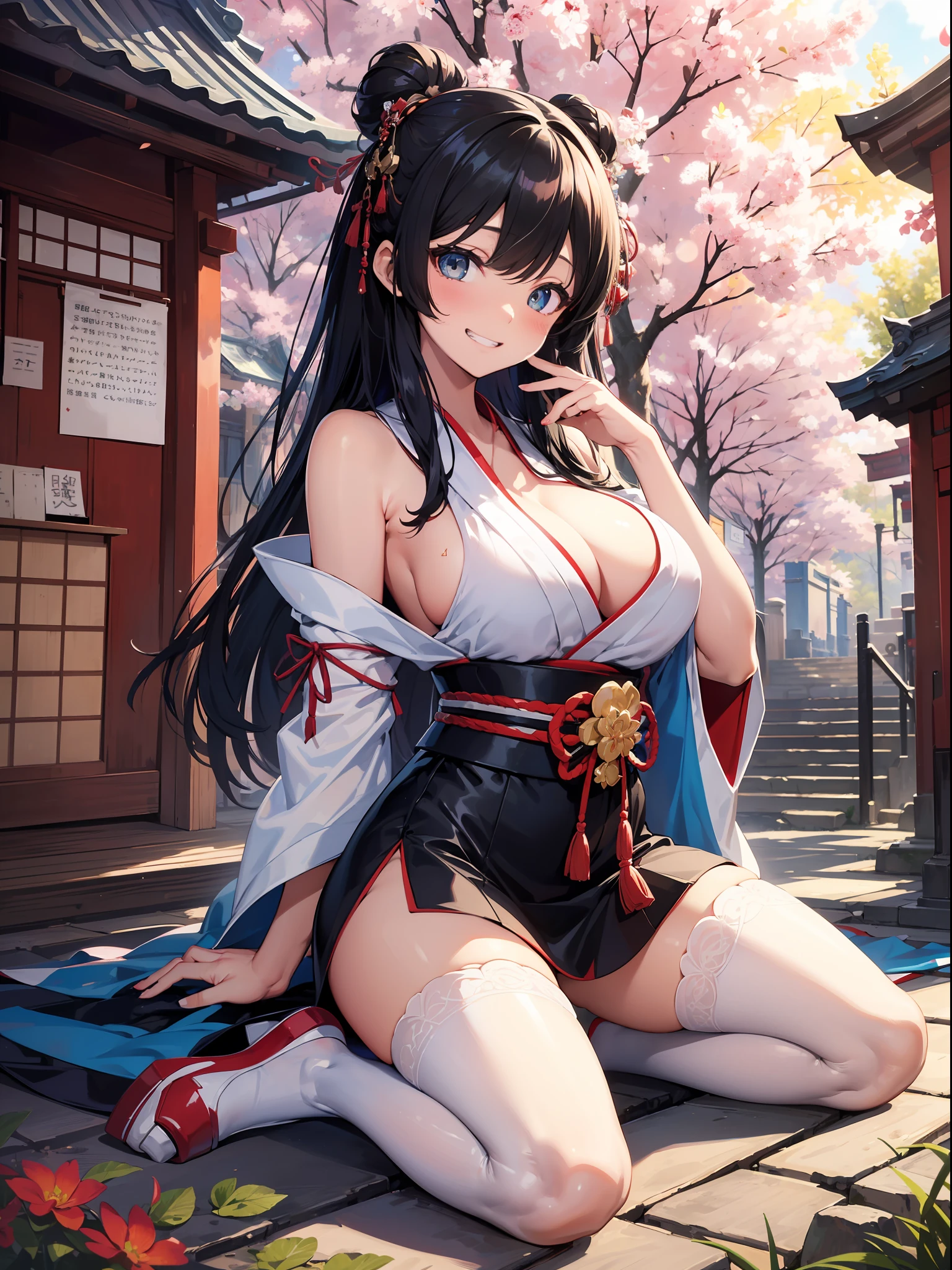 ((masutepiece)), ((Best Quality)), (Ultra-detailed), ((kawaii)), Cute, (lovely), ((Sexy)), (Ero), ((Extremely detailed)), 4K, (8K), Best Quality, (Beautiful), Illustration, Anime style, Painting, Dynamic Angle, Full body, full body Esbian, Angle looking up from below, (Shrine of Japan), (Sit in the precincts), Open your legs, Gradation, full body focus, Dim Shrine, e litrl s, 1girl in, Solo, shrine maiden, Beautiful black hair, Randomly selected beautiful colored eyes, ((Beautiful eyes)), White-skinned, Randomly selected hairstyles, Buttocks, Big breasts that are about to burst, Smirk, grin, (blush), sparkling effect, Lens Flare, shiny-glistening, gleaming
