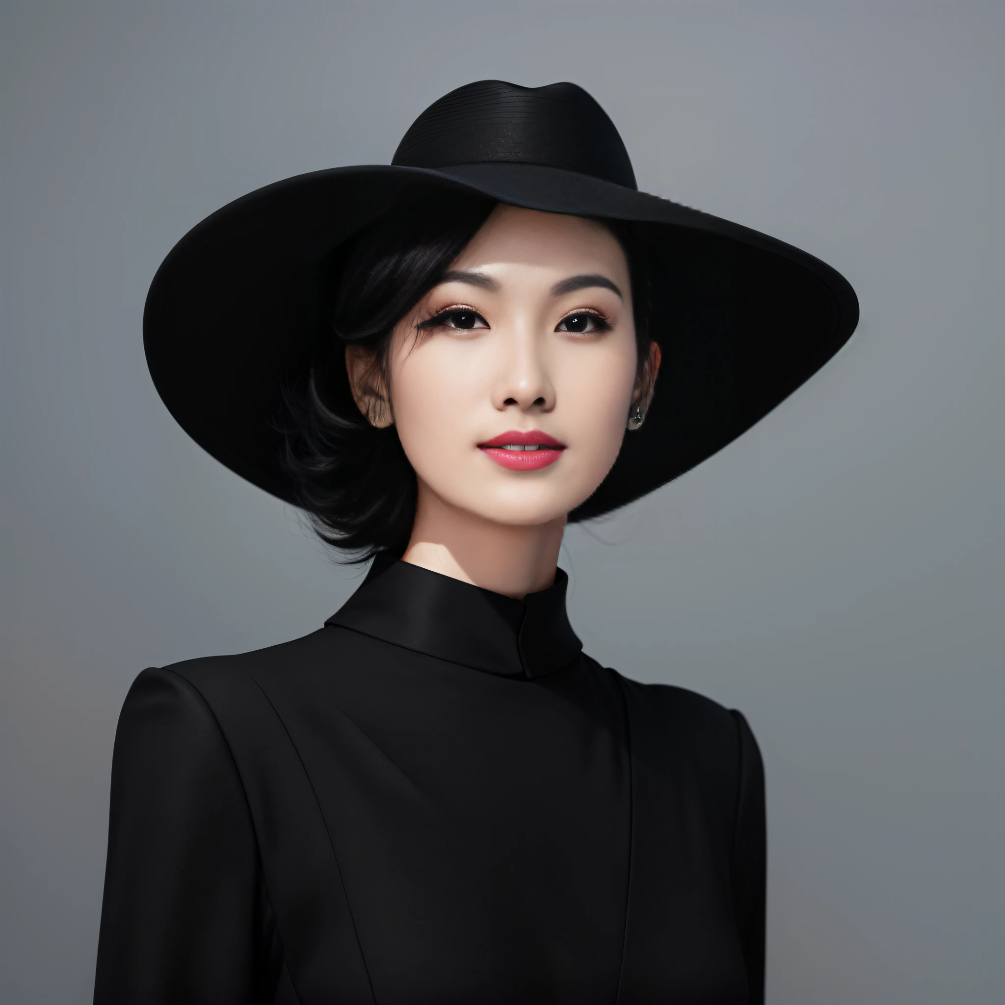 Lateral face，Asian celebrities wear large black-brimmed hats，Wearing a black dress，short detailed hair，cropped shoulders，The brim covers the upper part of the face，white backgrounid --auto
