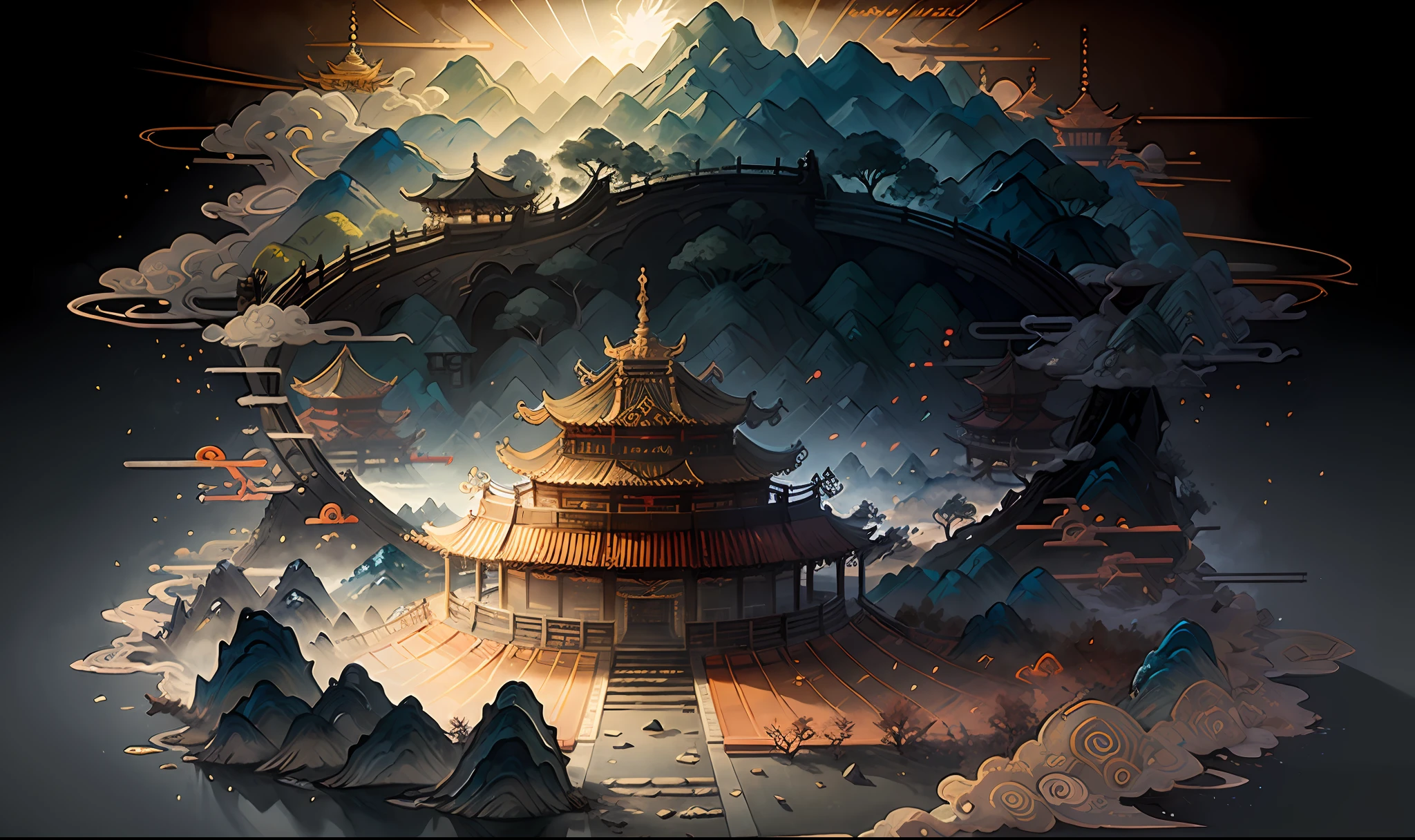 Ancient Chinese landscapes,mountain ranges,rios,Auspicious clouds,Pavilions,rays of sunshine,tmasterpiece,super detailing,hyper HD,high qulity,extremely detaile,offcial art,Unity8k wallpapers,super detailing。