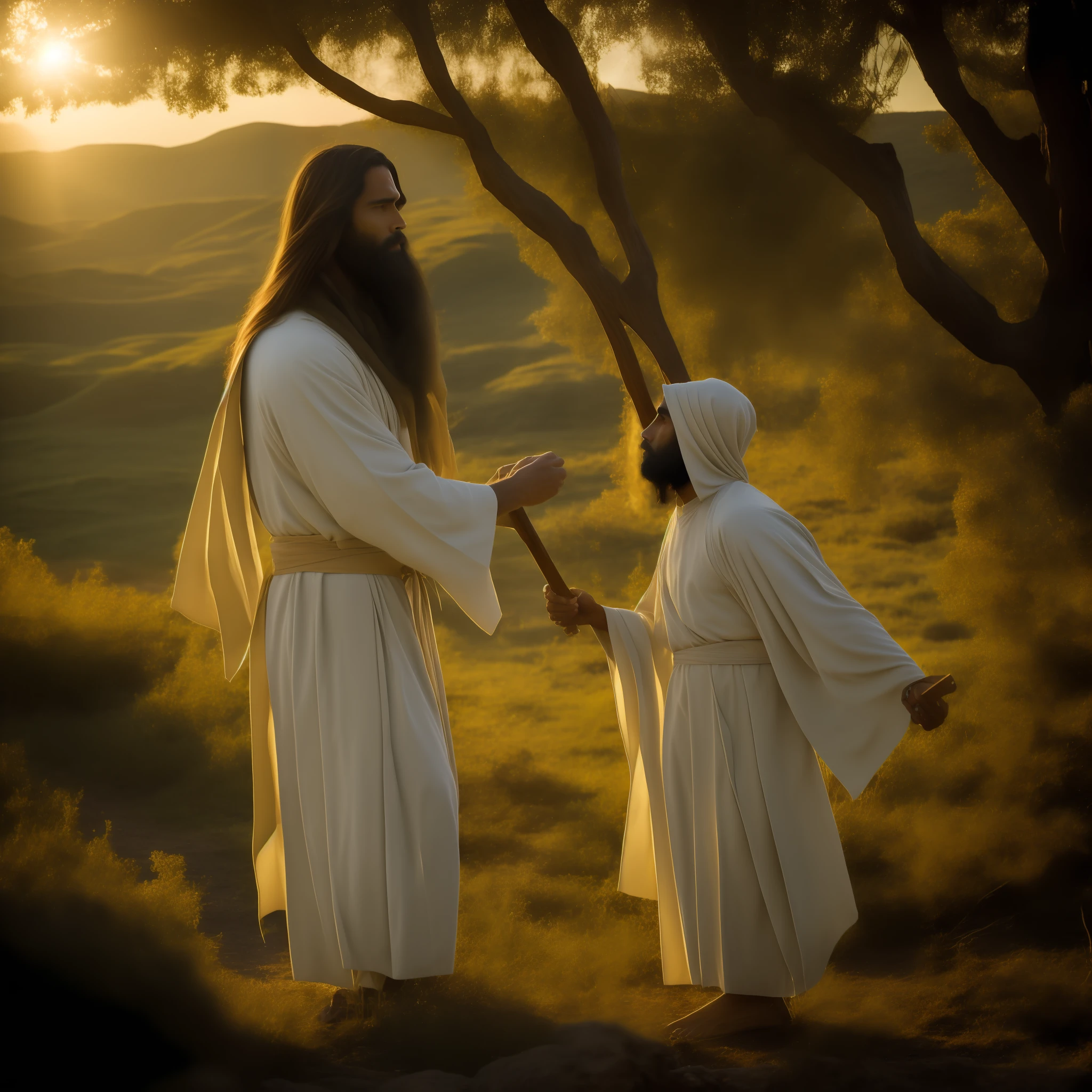 In the image, we see Jesus Christ portrayed in rich detail in a scene that harkens back to his time. He is dressed in a long, simple tunic, made of textured fabric and in earthy tones. His hair and beard are long and slightly wavy, demonstrating his masculinity and wisdom.
His eyes are deep and compassionate, reflecting a divine serenity. Jesus' gaze conveys unconditional love and compassion for all human beings.
In His hands, He holds a carved wooden staff, symbolizing His role as shepherd of the flock. Behind him, a verdant field stretches out, dotted with wildflowers and natural plants that represent God's creation.
Around Jesus, there are people from different backgrounds and social conditions. Some are hunched over, seeking comfort and guidance, while others are standing, looking at him with wonder and hope. Their facial expressions vary, showing the diversity of emotions that Jesus awakens in each one.
Sunlight shines softly over the scene, creating a serene and welcoming atmosphere. In the background, hills and hills can be seen, which evoke the landscape of the region in which Jesus lived.