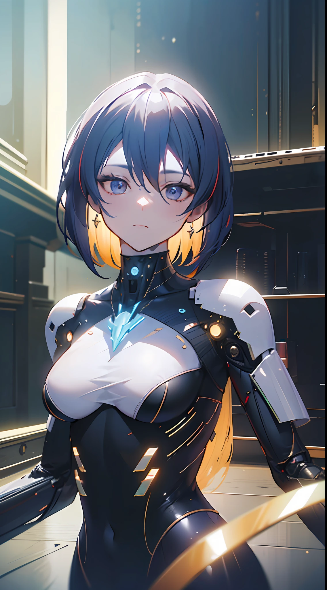 ((Best quality)), ((masterpiece)), (detailed:1.4), 3D, an image of a beautiful cyber female android,HDR (High Dynamic Range),Ray Tracing,NVIDIA RTX,Super-Resolution,Unreal 5,Subsurface scattering,PBR Texturing,Post-processing,Anisotropic Filtering,Depth-of-field,Maximum clarity and sharpness,Multi-layered textures,GG unity, Surface shading,Accurate simulation of light-material interaction,Perfect proportions,Octane Render,Two-tone lighting,Wide aperture,Low ISO,White balance,Rule of thirds,8K RAW, bokeh, dynamic pose, mechanical body, circuit line on face, mechanical joint, robotic face