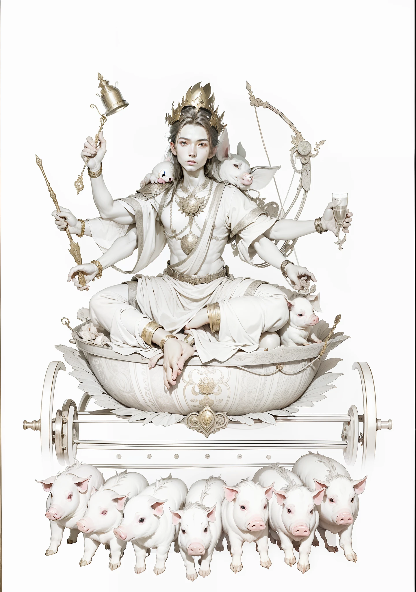 Beautiful fairy plate sitting on a lotus seat,Wearing a golden crown on his head,One face has both sides to the left and right,Each of the six arms holds a magic weapon,Seven piglets have ropes attached to carts on their backs,The trolley has two wheels,The background has a round light,Clear and clean sky,