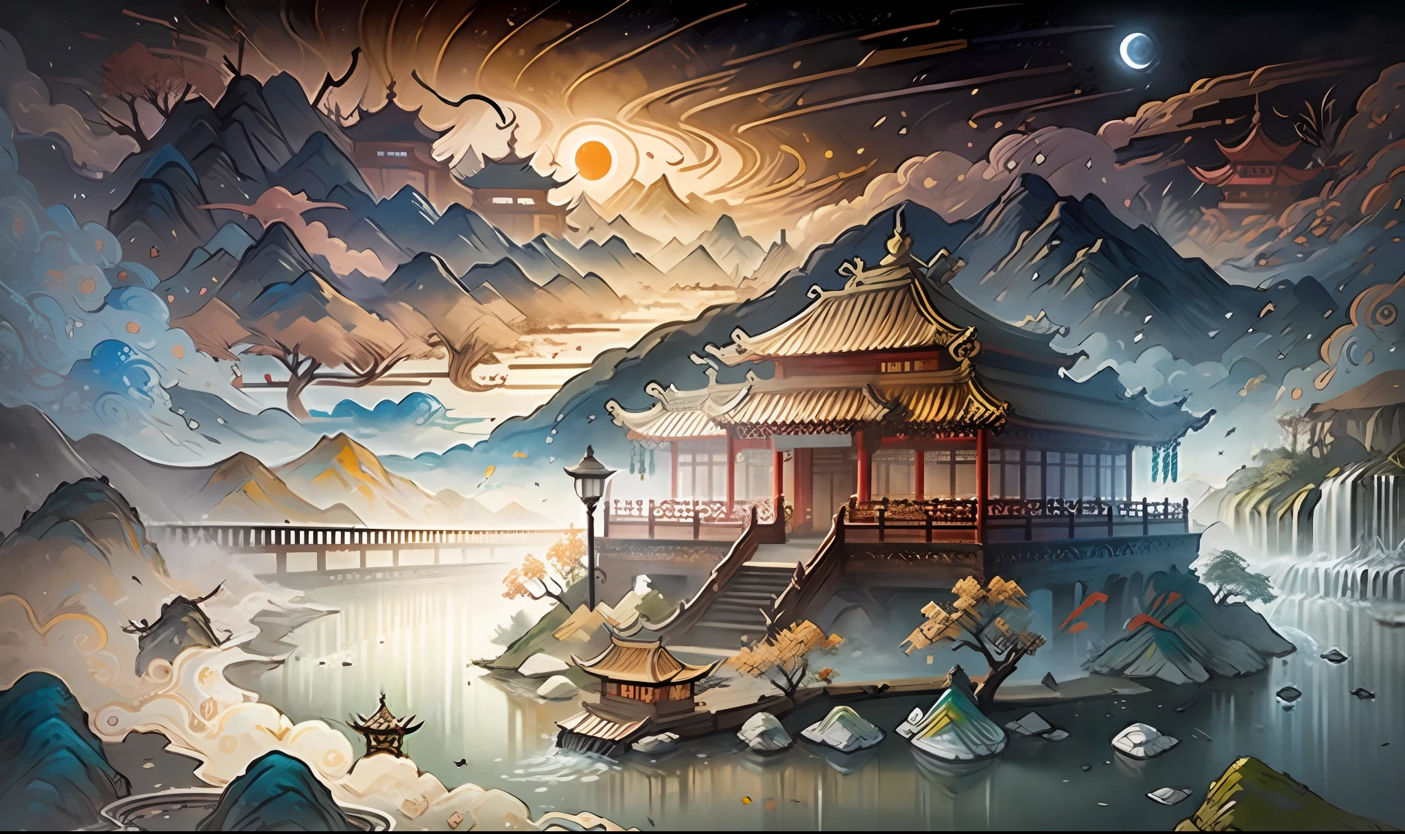 Ancient Chinese scenery, mountains, rivers, auspicious clouds, pavilions, sunshine, masterpieces, super detail, epic composition, Ultra HD, high quality, extremely detailed, official art, unified 8k wallpaper, Super detail, 32k -- v 6