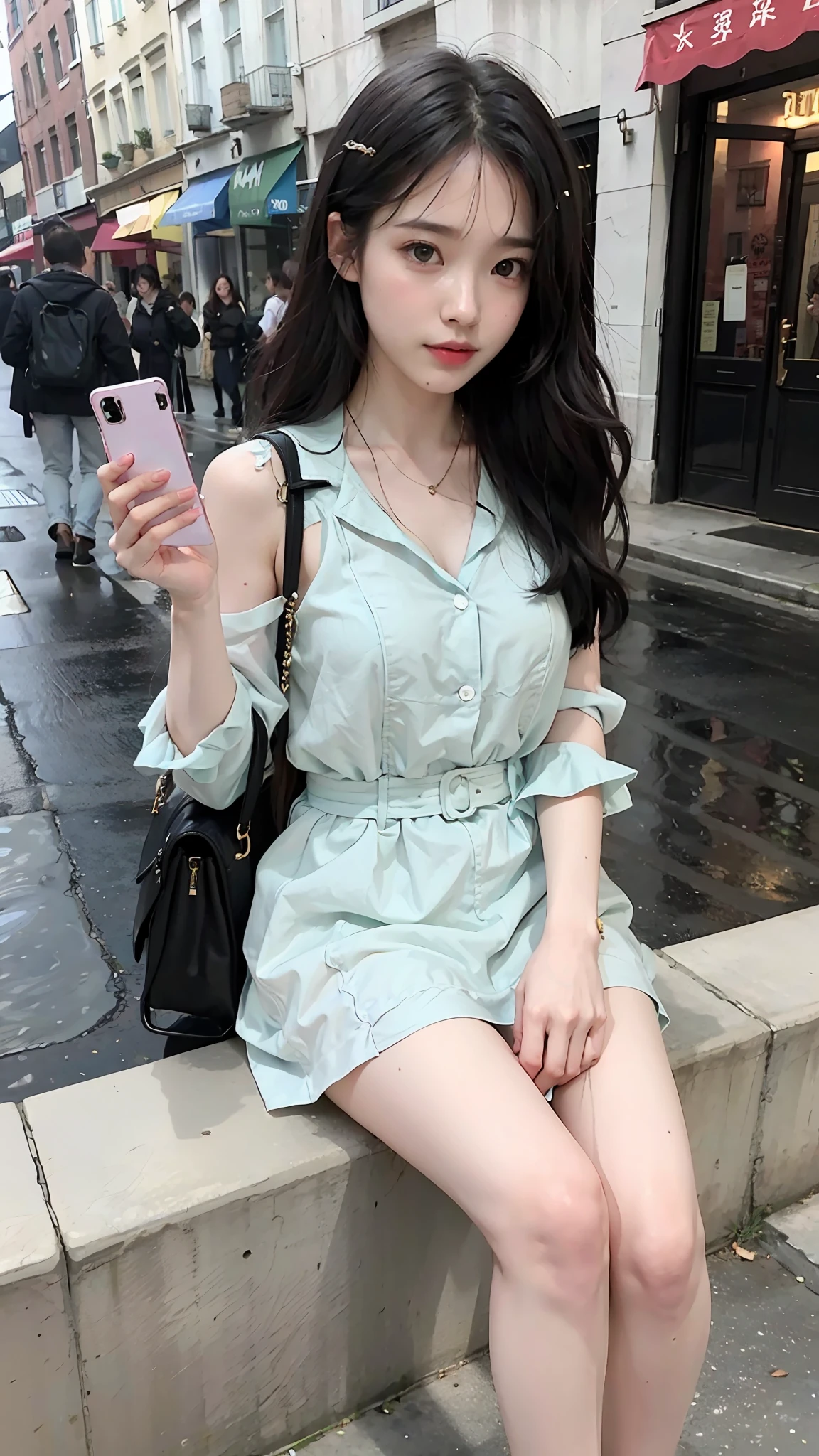 Beautiful woman, fiddling with cell phone in the middle of the street, short clothes