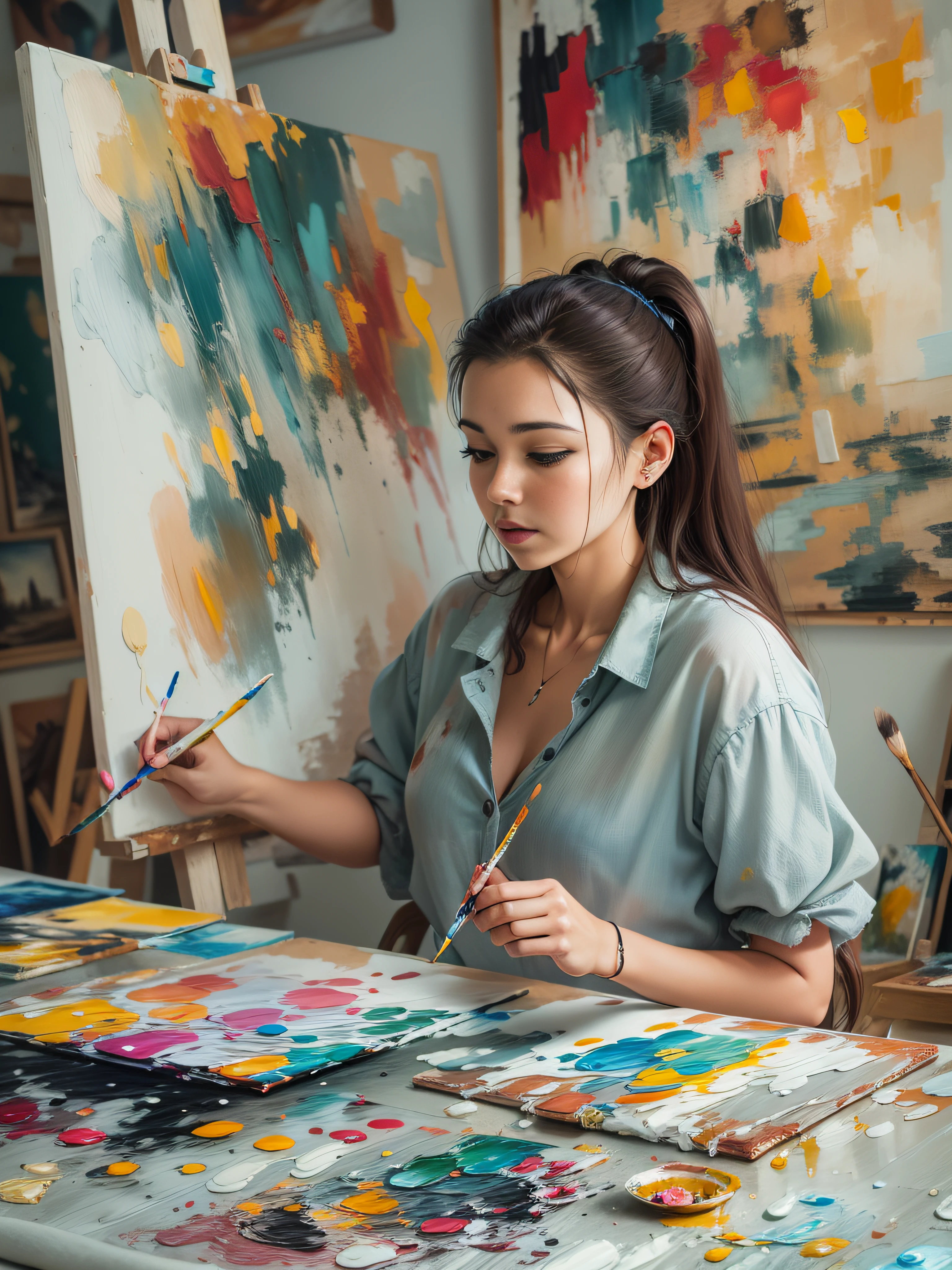 a woman is painting on a canvas in a room with paintings, painting art, paiting, painting art work, painitng, painting, painting, best painter in the world, artistic painting, painting on a canvas, painting come to life, professional artwork, art painting, trending artwork, master painting, exquisite painting, paining, in her art room