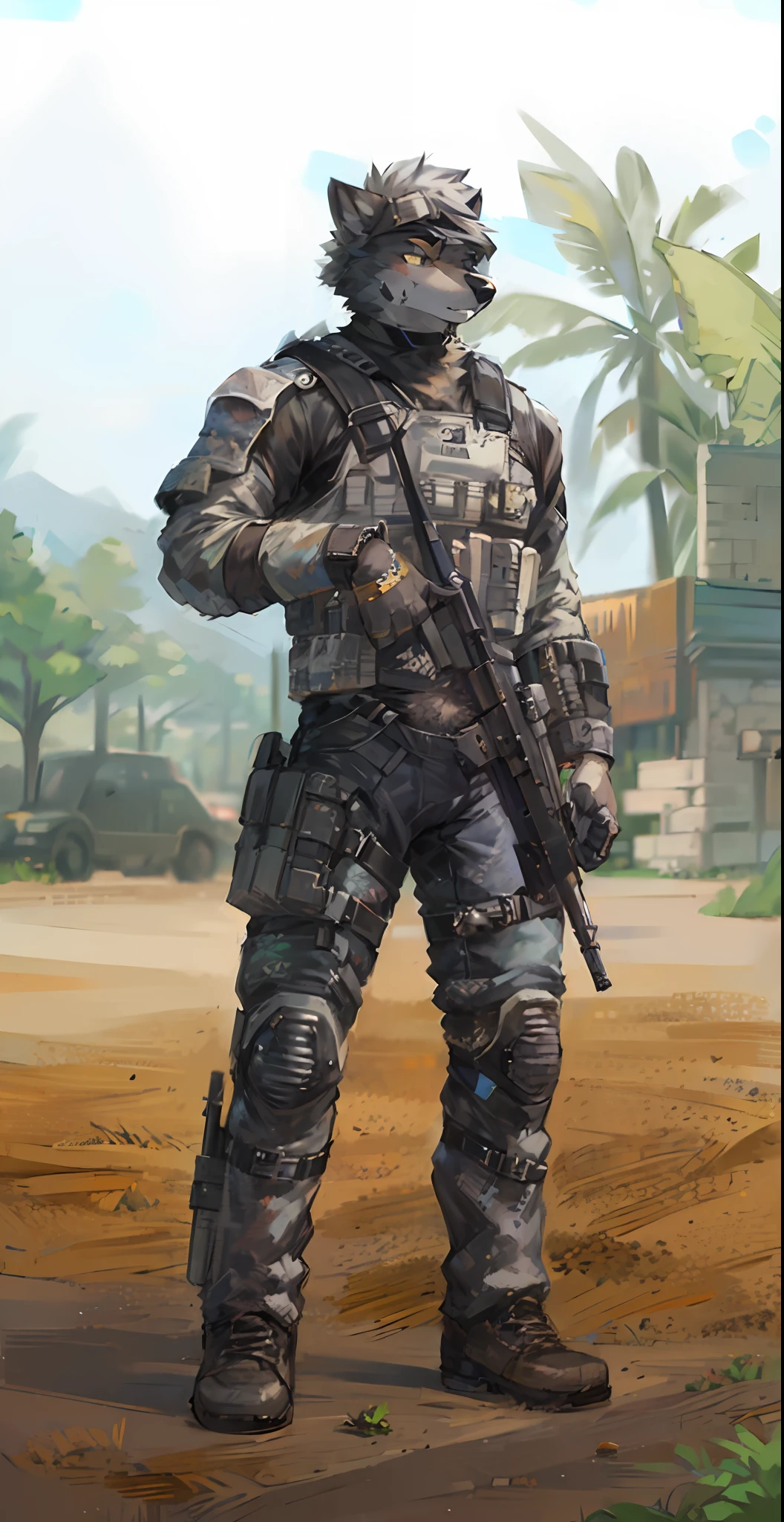 Gray fur，Male wolves，Character Focus Solo，hairy pubic，coda，Special forces uniforms，Body armor，Assault rifle in his right hand，Sharp gaze，Handsome，年轻，The cuffs are tucked into army boots，Medium build