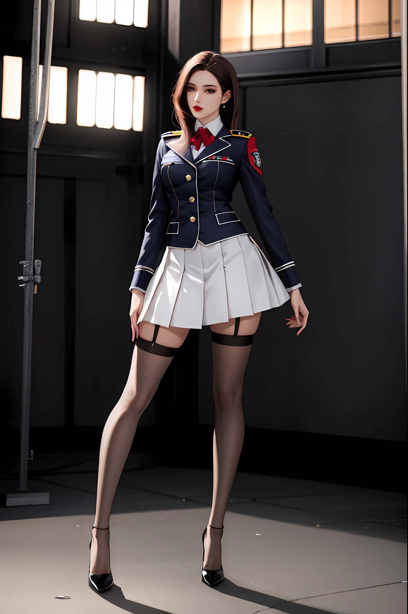 tmasterpiece,best qualtiy,high qulity,k hd,High-quality textures,High-quality shadows,high detal,realisticlying,cinematric light,Sideslit,lens flare glow,Ray traching,Sharp focus,Full body photo,Perfect body proportions,Delicate facial features,Red lip stain,Slim legs,Slender legs,(Stockings are worn all over the legs),(Light gray stockings),Wear light-colored high heels,Dressed in uniform,in a skirt