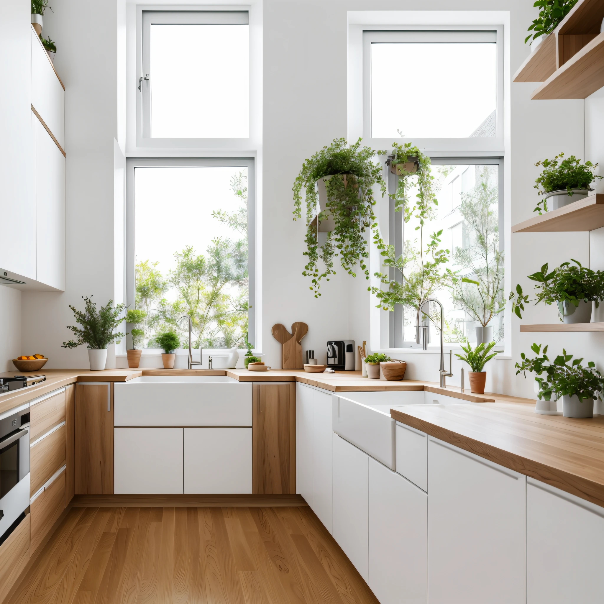 Bright kitchen with white counters and plants，Small apartments，Shot in Sony A7 III，Vibrant and dynamic，Visual delight，Bright window lighting，Subtle vitality，wood cabinets，simplistic design，Subtle details，The cabinet shape is simple and beautiful，Elegant minimalism。 --auto