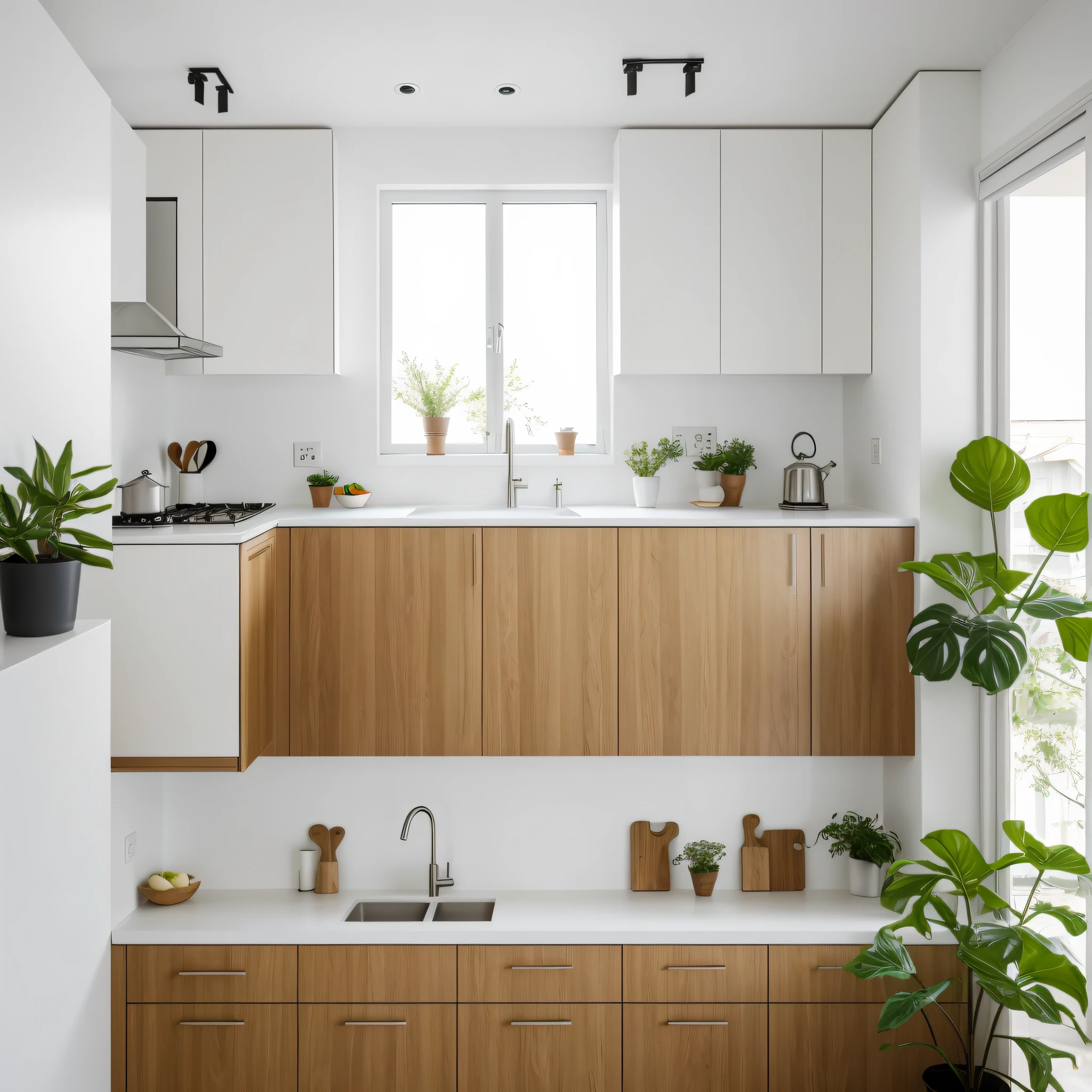 Bright kitchen with white counters and plants,Small apartments,Shot in Sony A7 III,Vibrant and dynamic,Visual delight,Bright window lighting,Subtle vitality,wood cabinets,simplistic design,Subtle details,The cabinet shape is simple and beautiful,Elegant minimalism。 --auto
