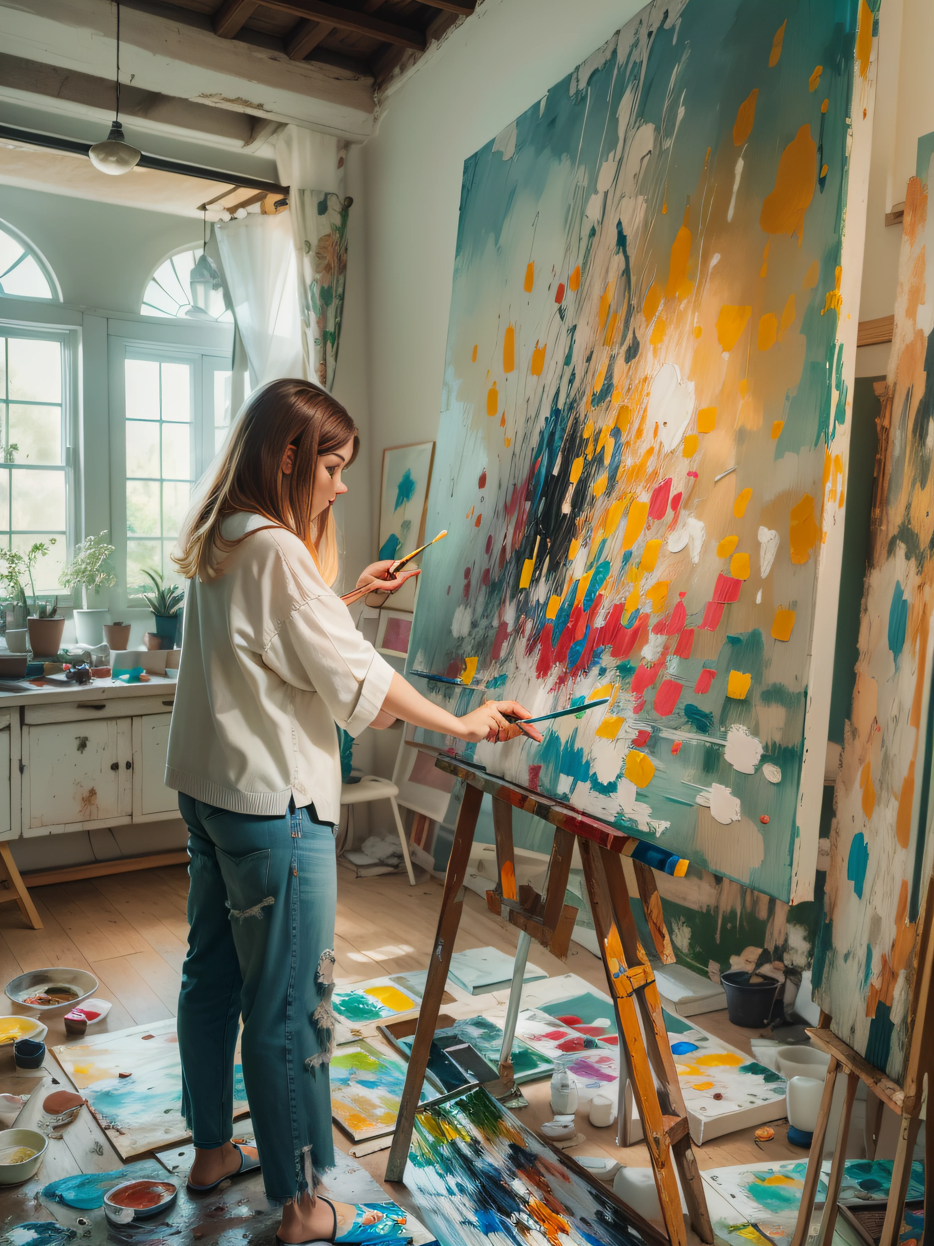 a woman is painting on a canvas in a room with paintings, painting art, paiting, painting art work, painitng, painting, painting, best painter in the world, artistic painting, painting on a canvas, painting come to life, professional artwork, art painting, trending artwork, master painting, exquisite painting, paining, in her art room