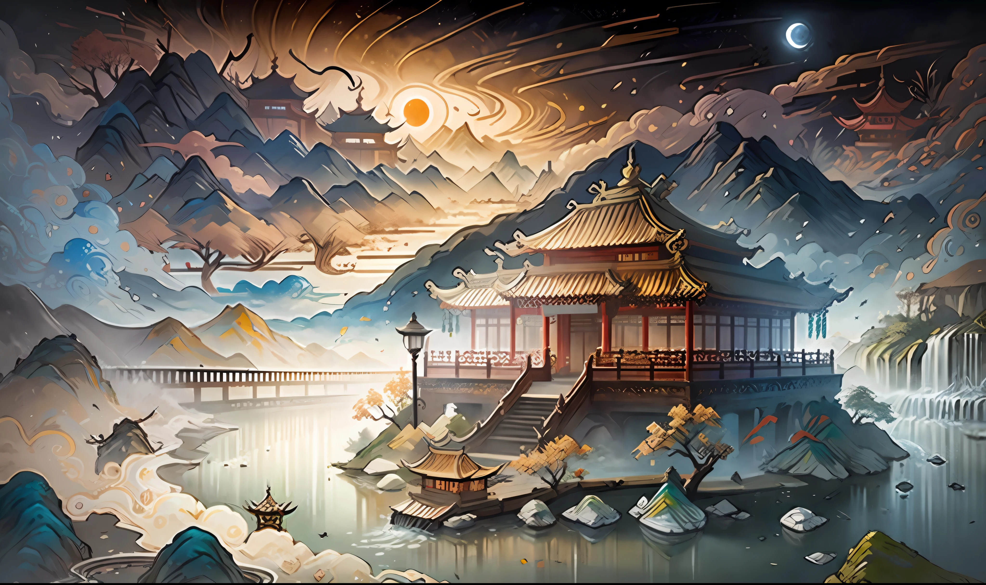 Ancient Chinese scenery, mountains, rivers, auspicious clouds, pavilions, sunshine, masterpieces, super detail, epic composition, Ultra HD, high quality, extremely detailed, official art, unified 8k wallpaper, Super detail, 32k -- v 6