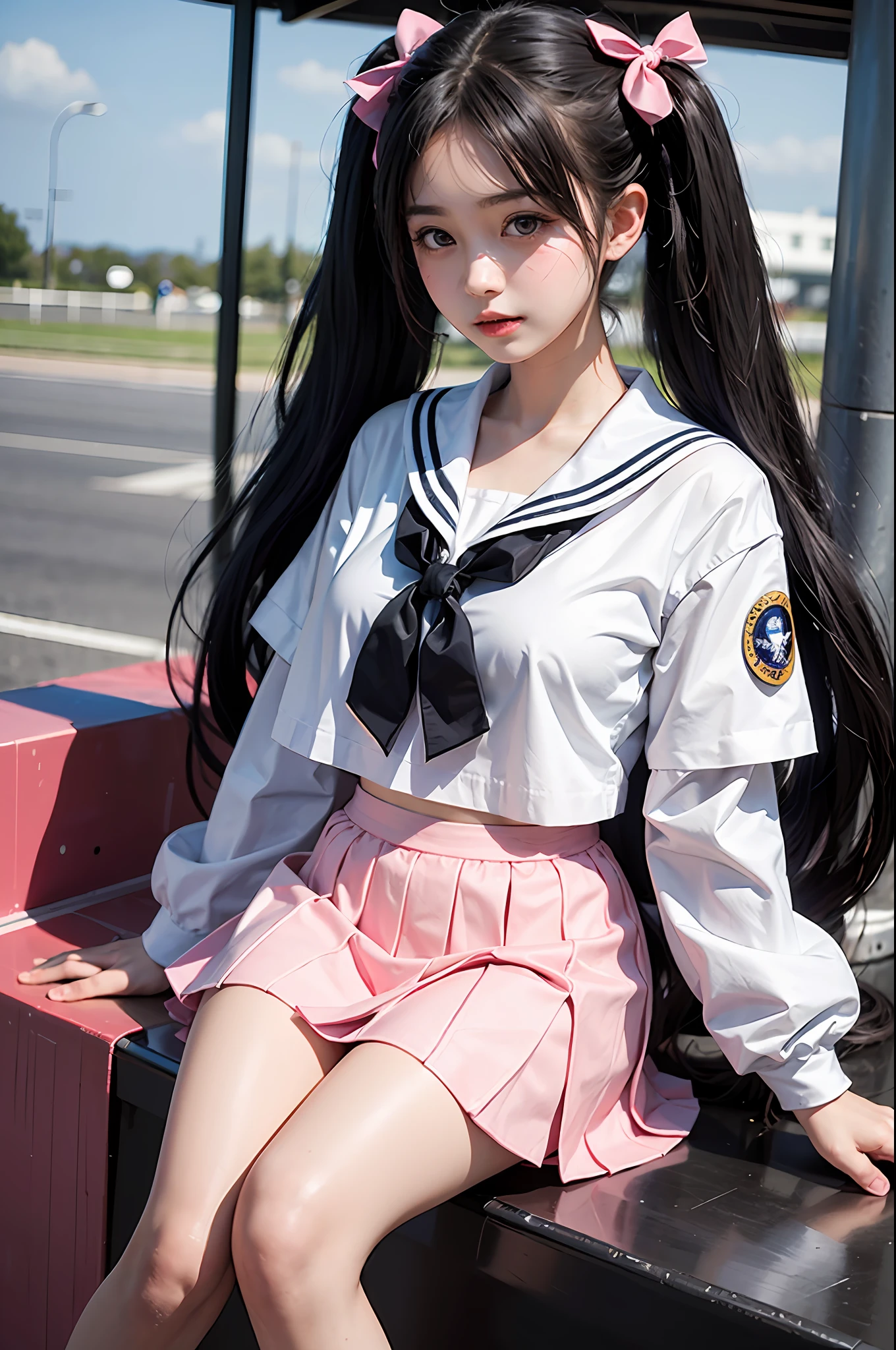 1girll,twintails,Colorful hair,Flying,White sailor suit and short skirt,pink bows,16-year-old female model,Side,
