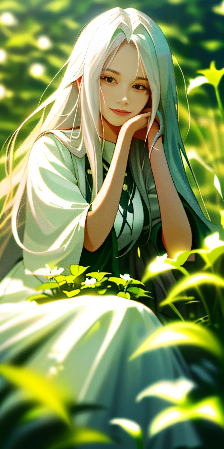 (masterpiece, best quality),1girl with long white hair sitting in a field of green plants and flowers, her hand under her chin, warm lighting, white dress, blurry foreground