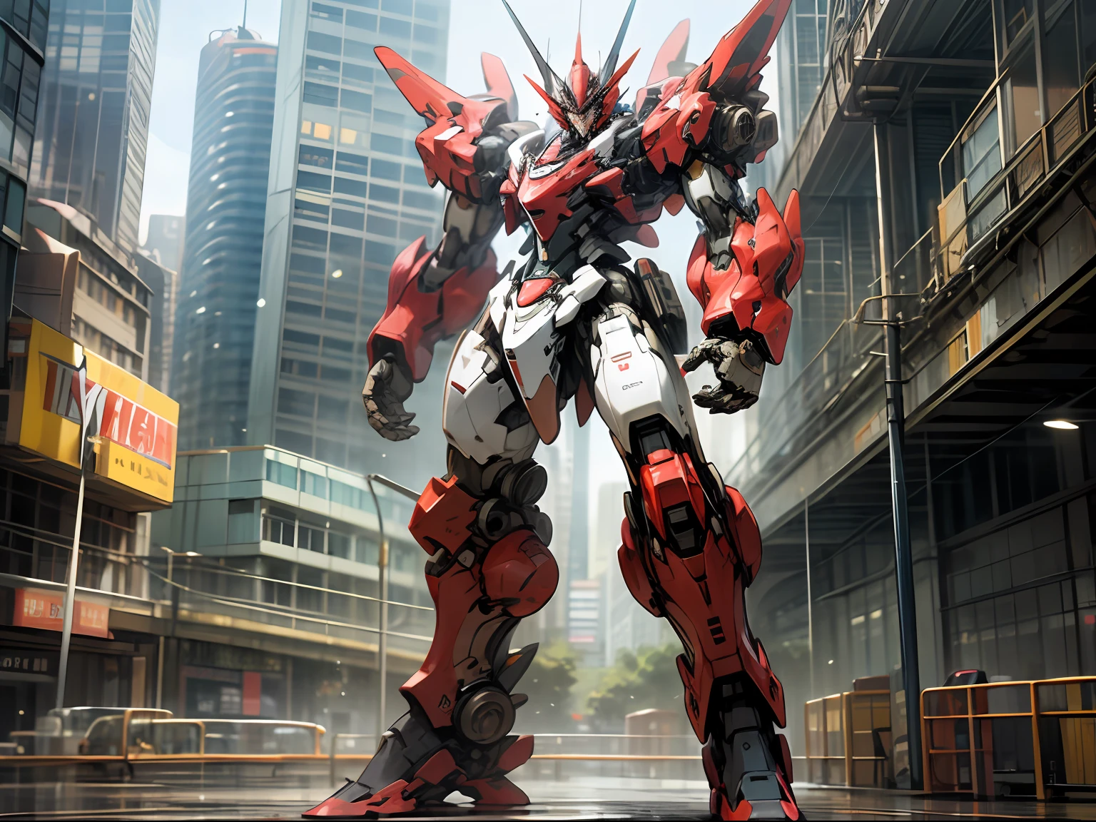 k hd、Best picture quality、ultra - detailed、Beautiful illustrations,Arapei robot standing on a city street,There are a lot of cars, Mecha suit, cool mecha style, anime large mecha robot, Full body mecha, mecha anime, full body red mech, Blue transparent mask,painterly humanoid mecha, Alexander Ferra Mecha, modern mecha anime, Red mech, japanese mecha, full body mecha suit