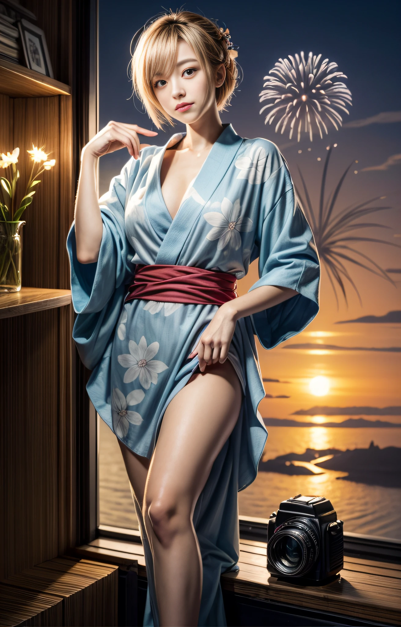 (8K、RAW Photos、top-quality、masterpiece:1.2)、(realisitic、Photorealsitic:1.37)、女の子1人、japanes、30-years old、femele、Fireworks seen from the beach、natta、profetional lighting、Photon mapping、Radio City、You can see the valley、Yukata separated at the top and bottom、A slender、Short length