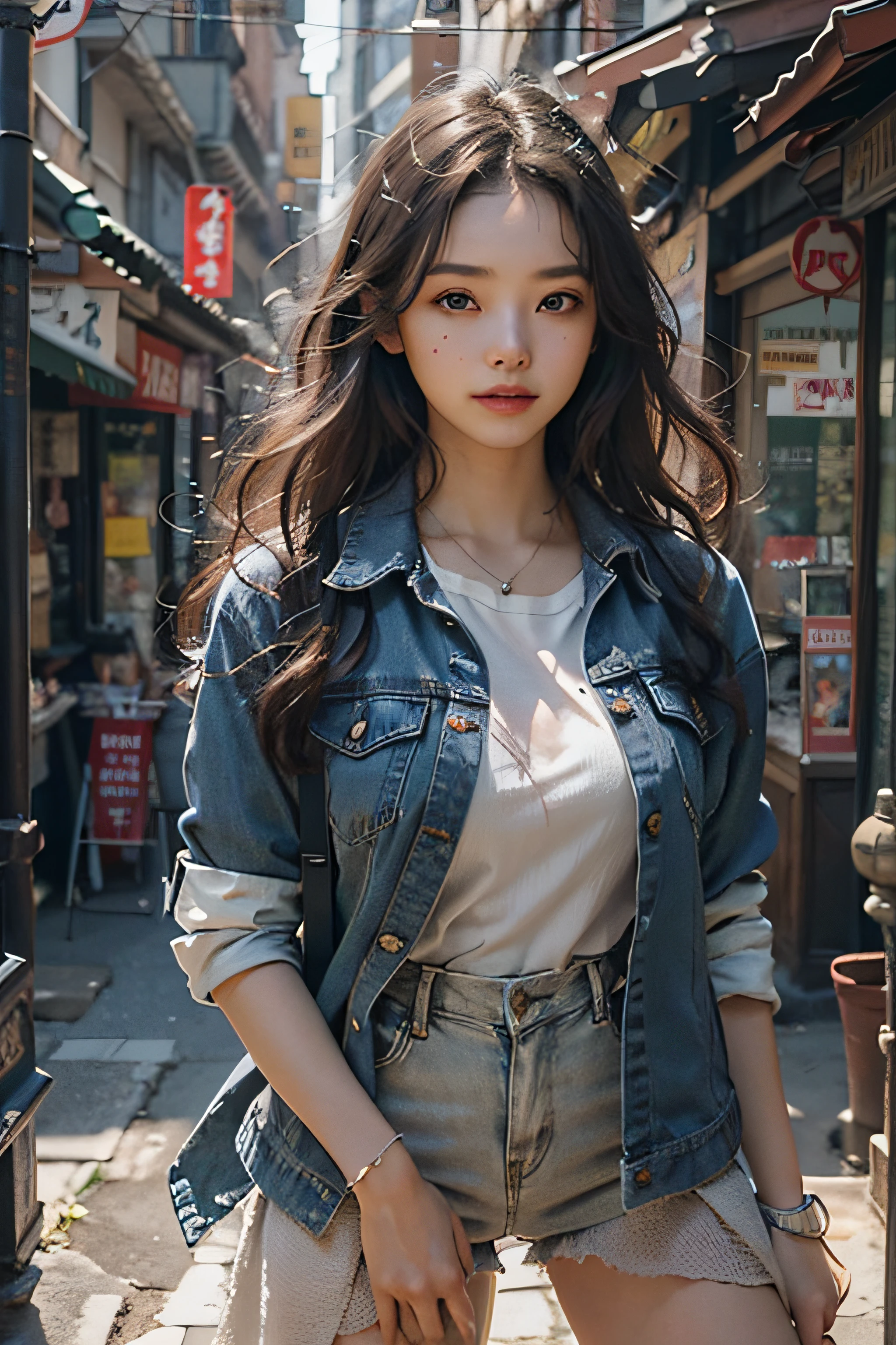 Street photography,Denim skirt,high-heels,(Hyper-detailing,CG,Solidarity,8k wallpaper),(Detailed Beautiful and delicate face, Detailed Beautiful and delicate eyes,a face with perfect proportion,highdetailskin,Delicate skin),(tmasterpiece),(realisticlying),(realisticlying:1.2),(RAW photogr:1.2),(best qualtiy:1.2),(Detailed face:1.4),(Beautiful detail eyes:1.2),(Detail hair),light in face,cinmatic lighting,1girll,ssmile, angle of view, effect,Detail Skins,Desire face,Japanese goddess,Asian girl