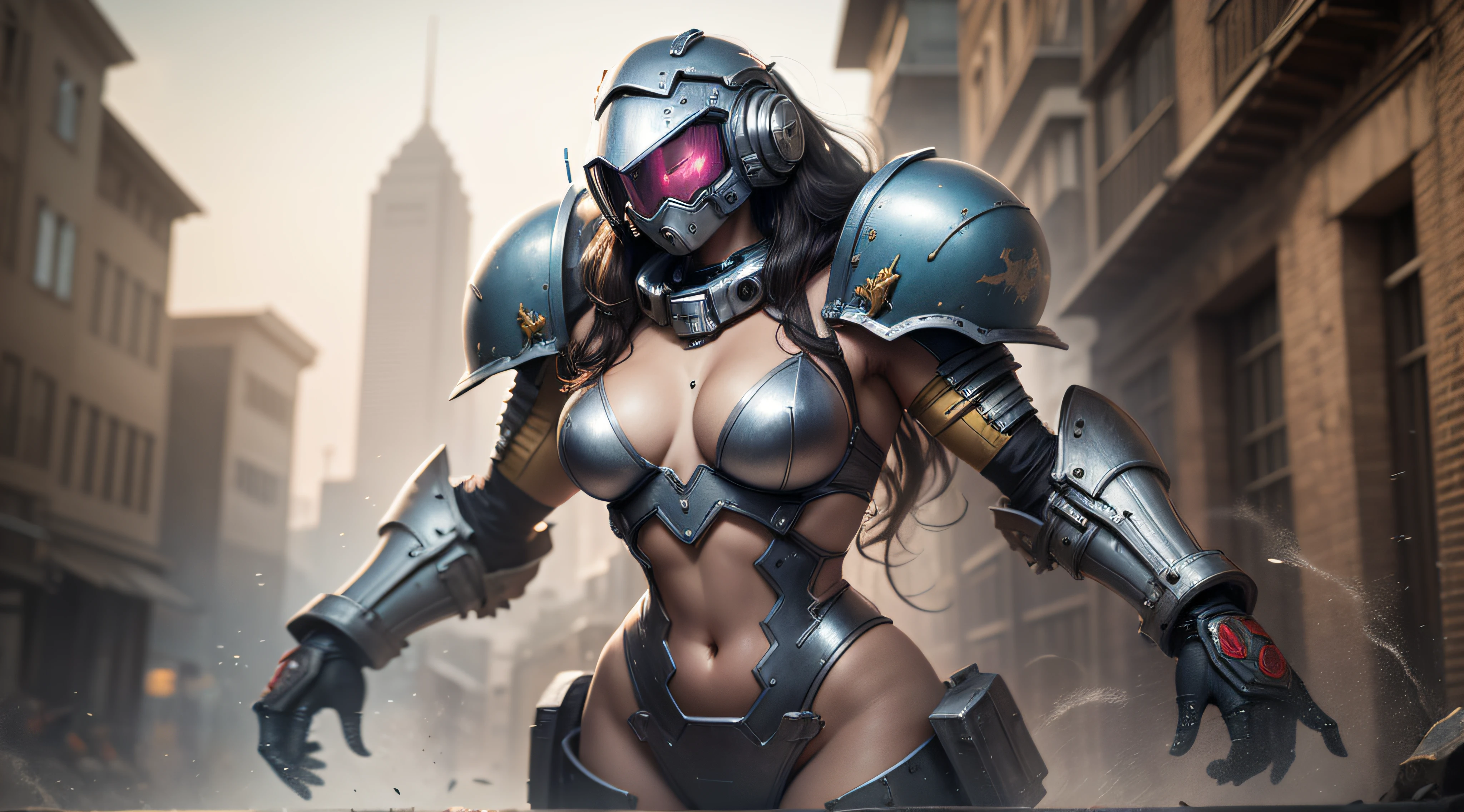 Linda mulher, corpo inteiro, vestindo armadura estilo master chef, doom, warhammer 40.000 lindo e decotado, corpo escultural, usando mecha de metal desgastado,