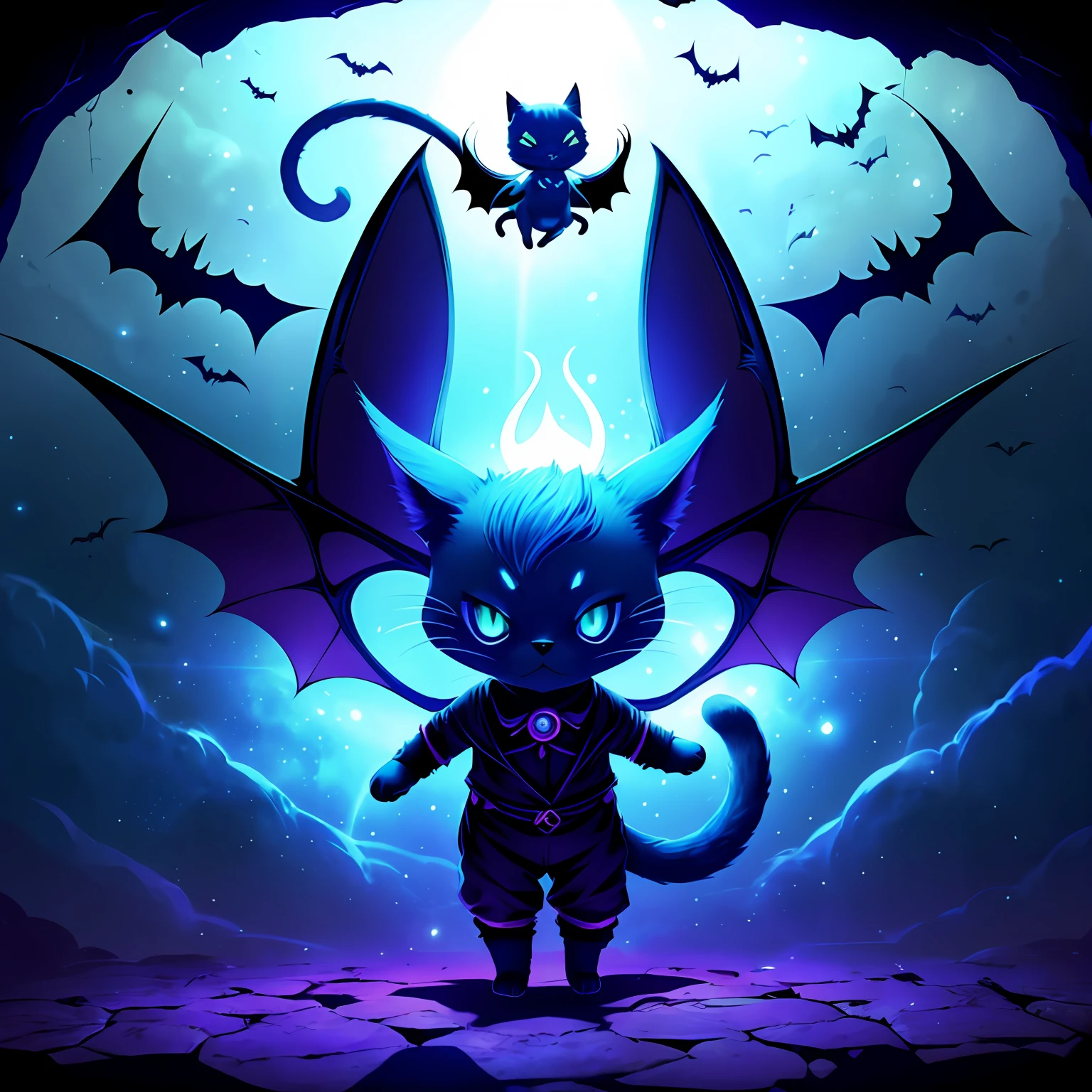 cat, bipedal, chibi model, fabric, some stitches, bat wings, devil's tail, cute design, spooky, emitting light blue light, bottom view, floating in space